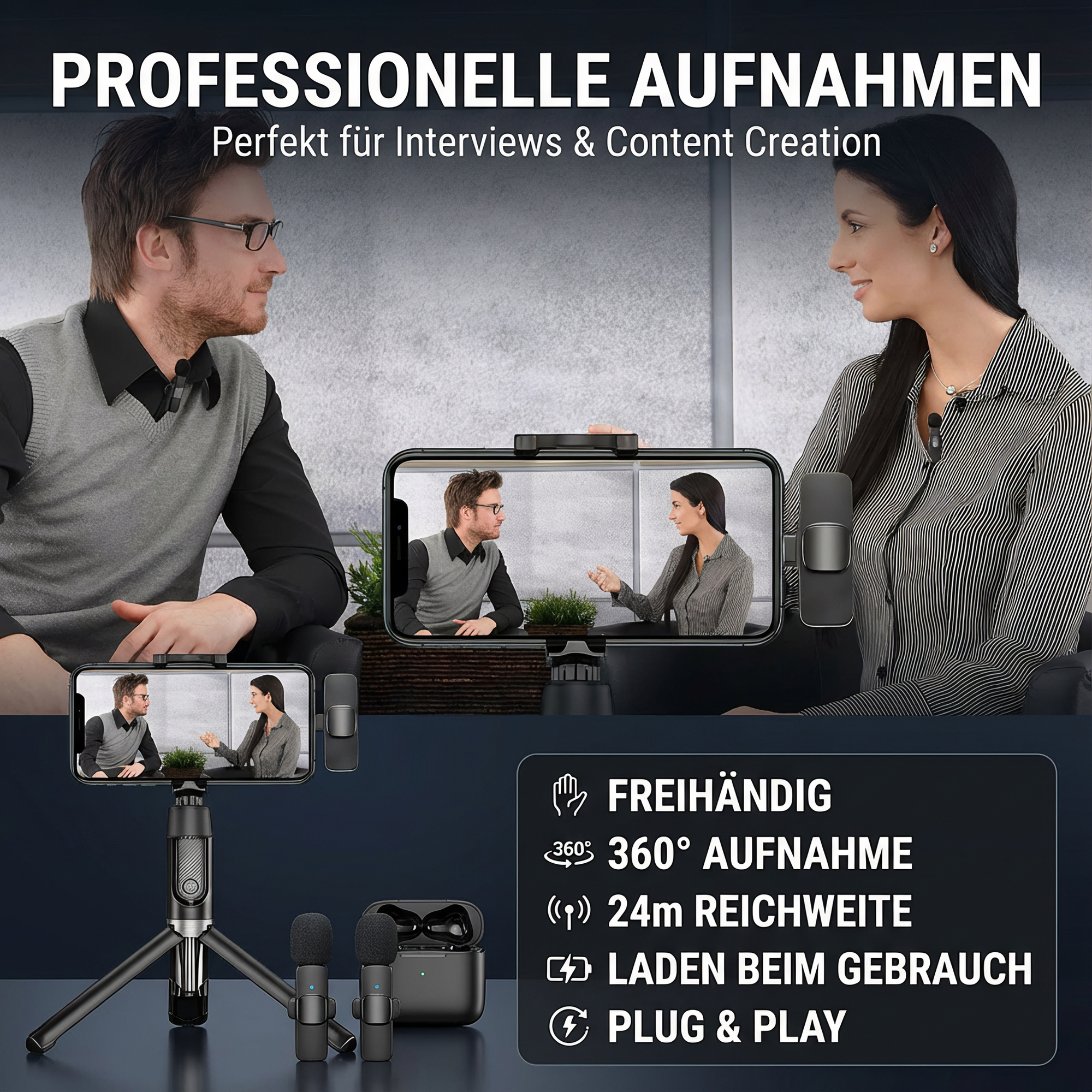 Zwei Personen im Gespräch, ein Smartphone mit Stativ und Mikrofone.