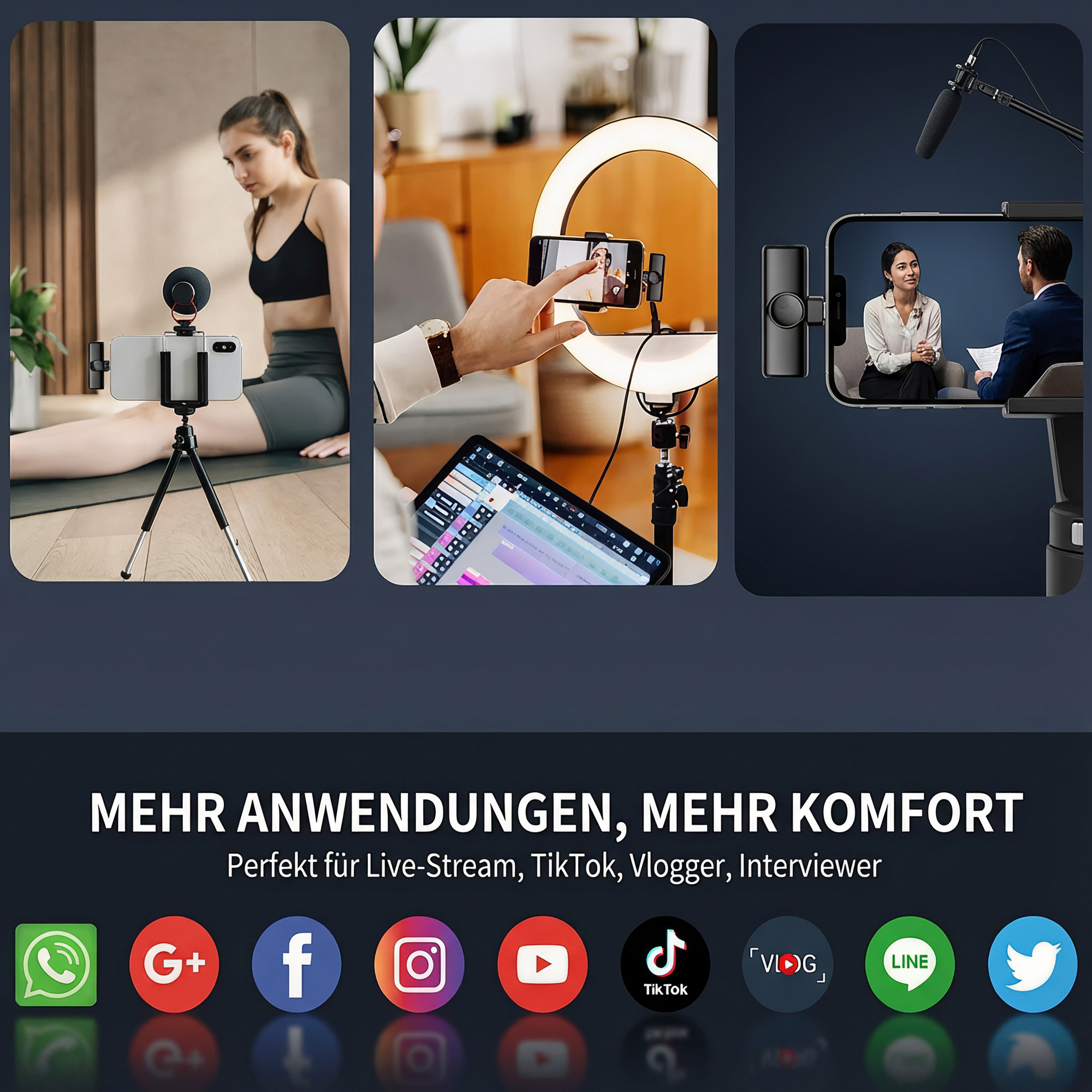 Collage mobiler Content-Erstellung: Frau mit Mikrofon, Hand mit Ringlicht, Interviewszene.