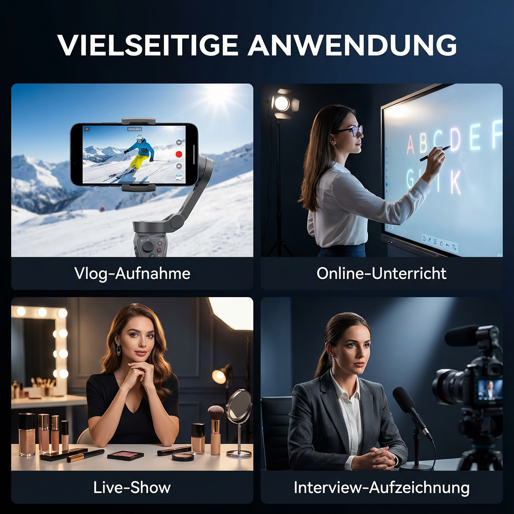 Vier Szenen: Skifahrer-Vlog, Lehrerin am Smartboard, Make-up-Artistin, Interviewerin.