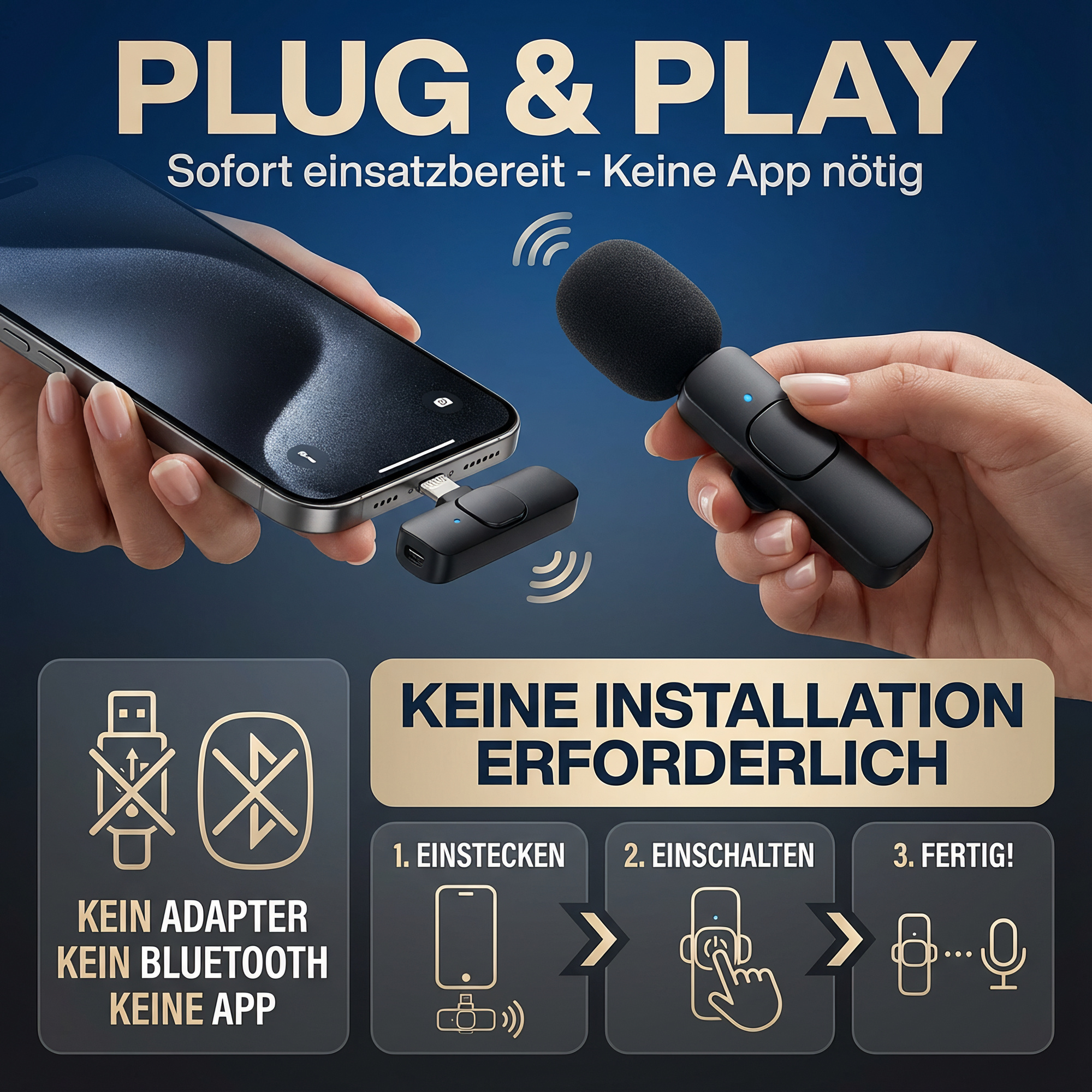 Ein Mikrofon wird in ein Smartphone gesteckt. Plug & Play.