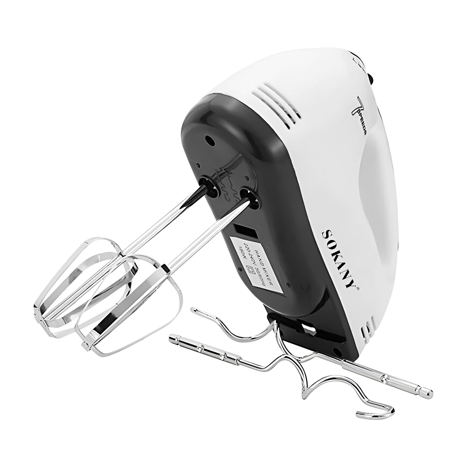 Batidora de mano blanca con detalles negros y varillas de acero inoxidable.