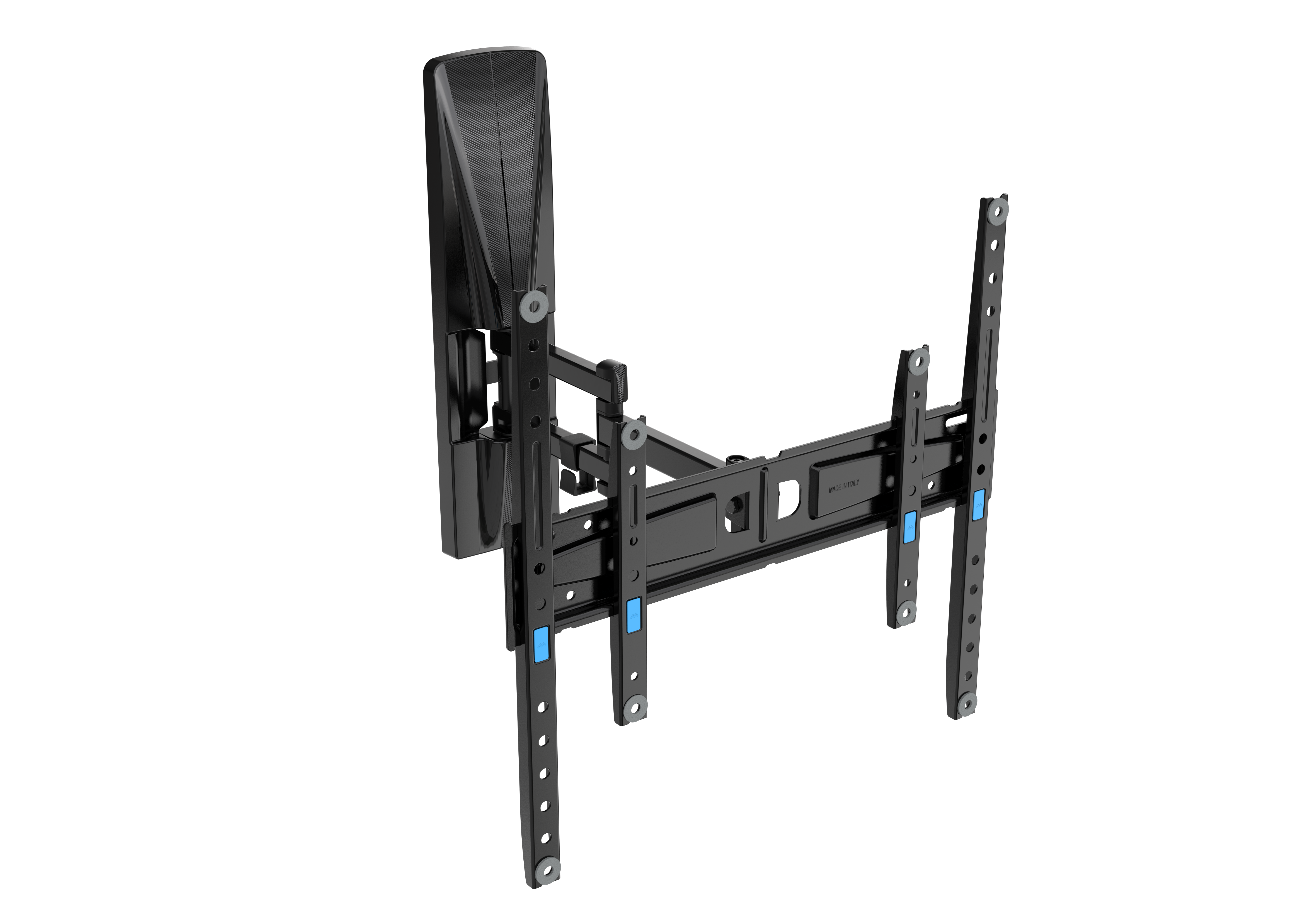 Soporte de pared para TV negro ajustable con brazos articulados y detalles de pestillo azul.