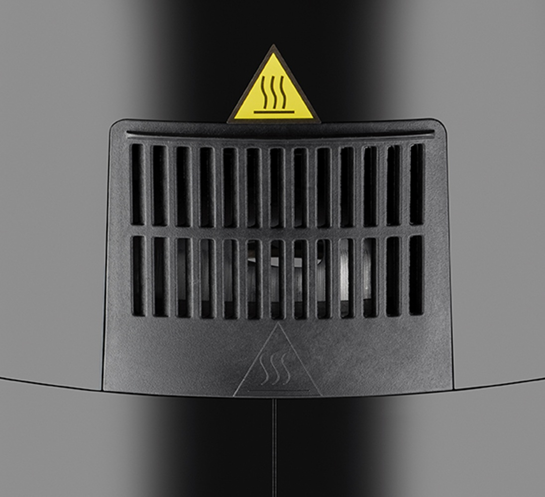 Czarna kratka wentylacyjna z symbolem ostrzegawczym przed gorącem.