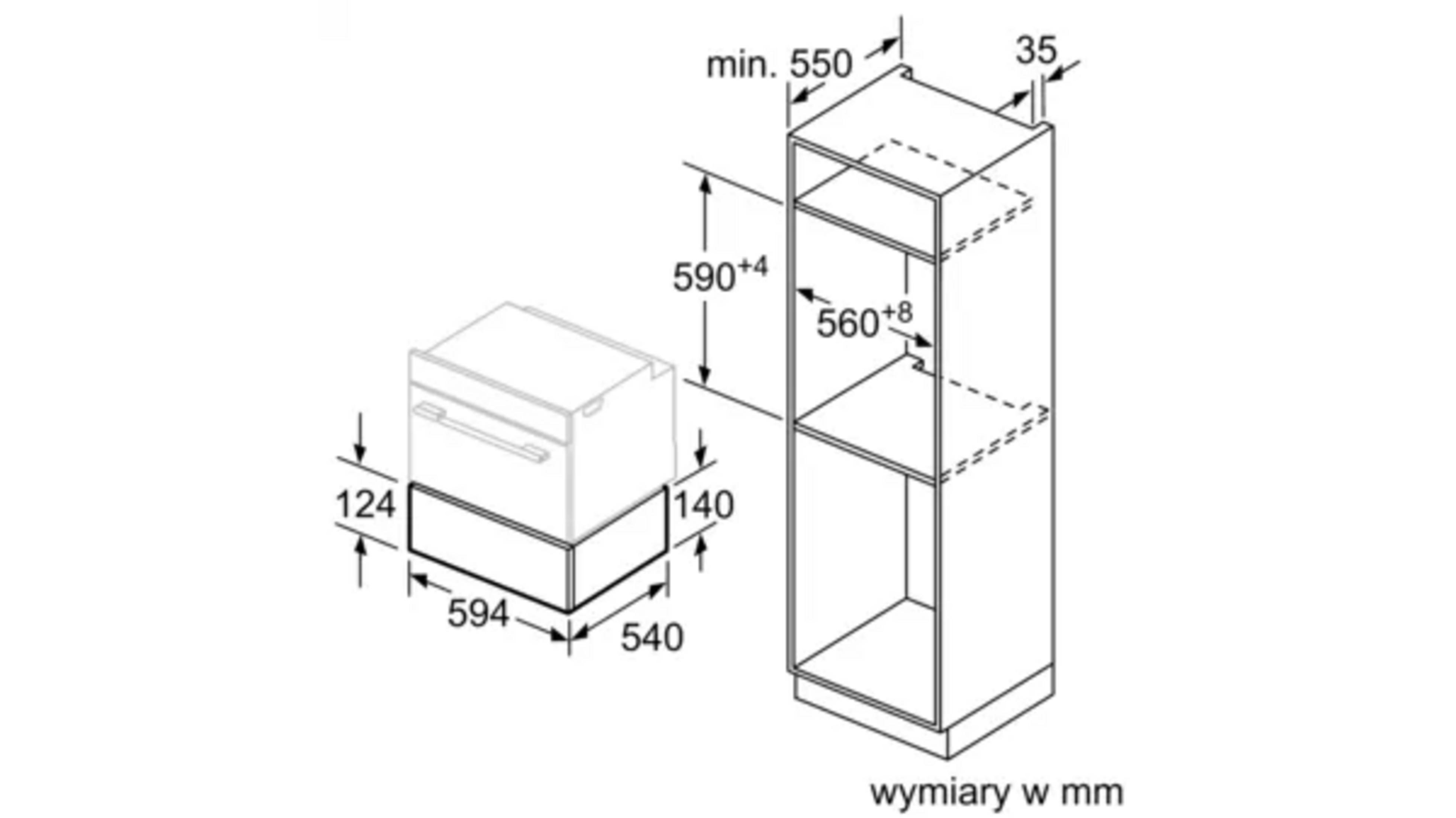 Disegno tecnico che mostra le dimensioni dell'apparecchio in mm. Include misure.