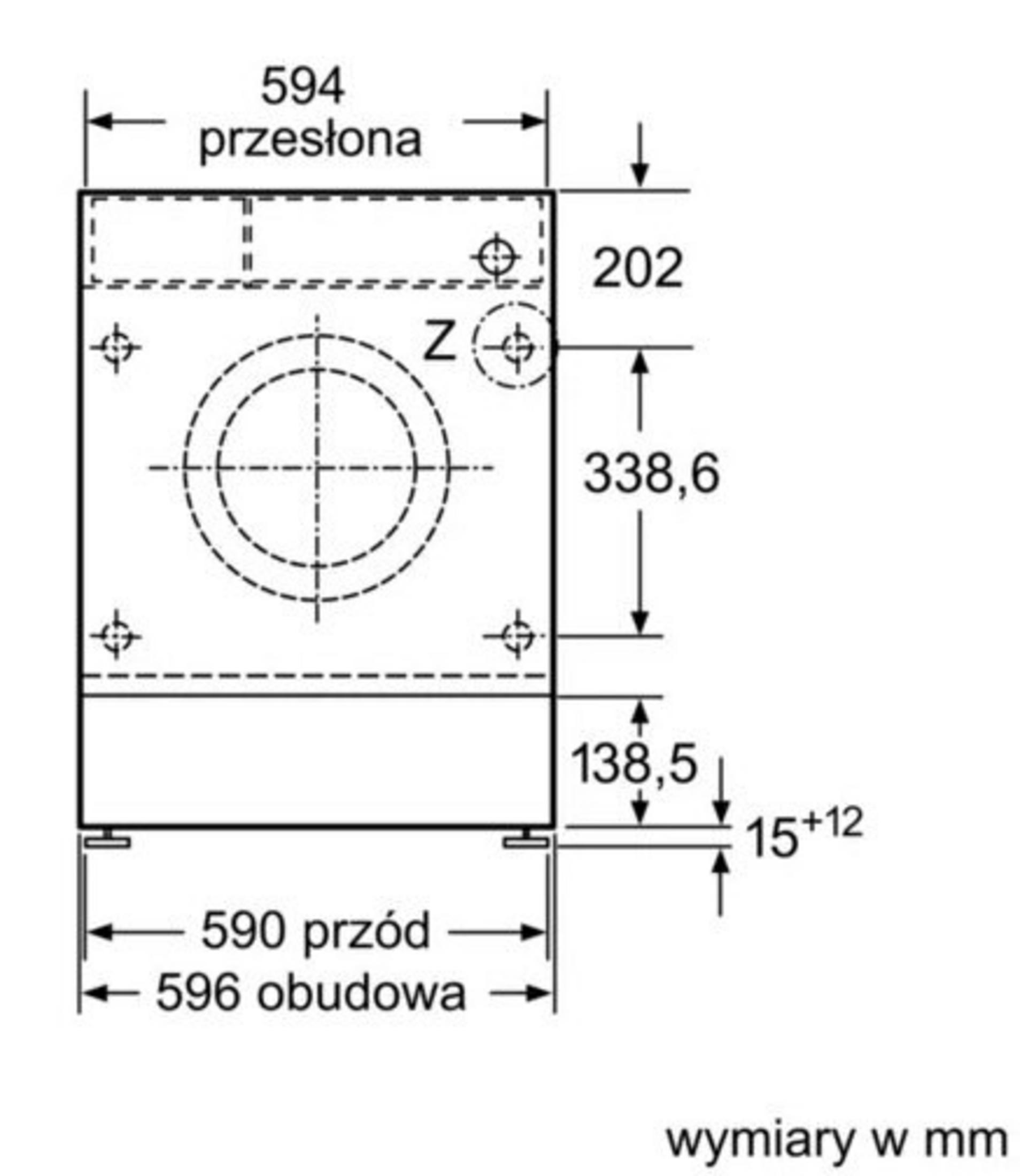 Rysunek techniczny pralki z wymiarami w mm.