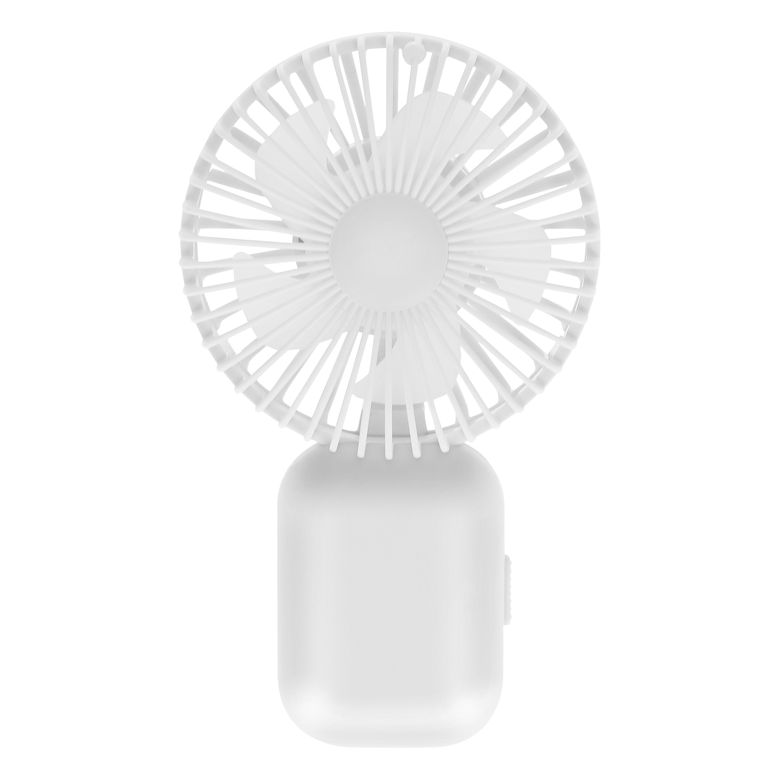 Ein weißer Handventilator mit runden Flügeln und einem rechteckigen Griff.