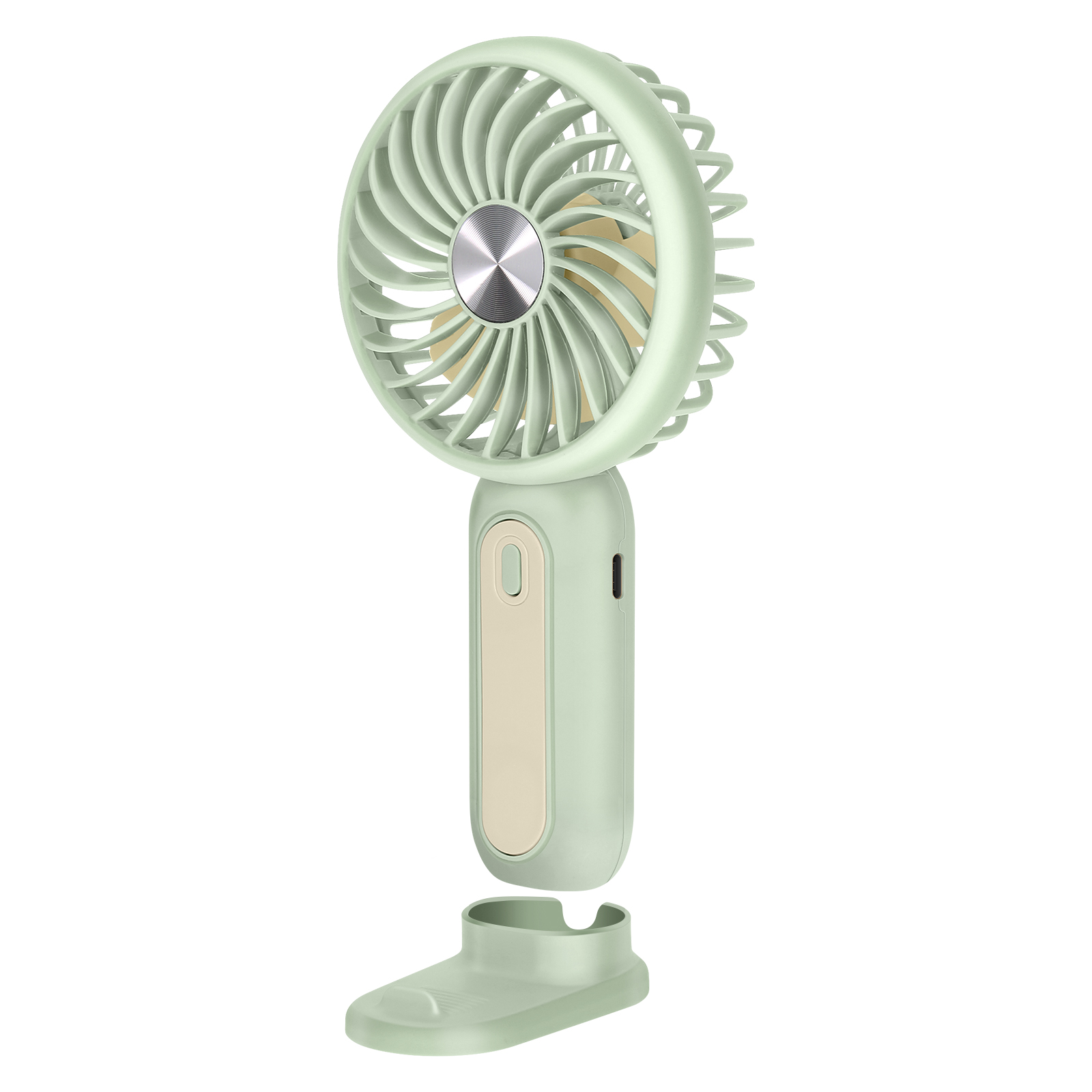 Un ventilatore portatile verde chiaro con accento beige è sul suo supporto.
