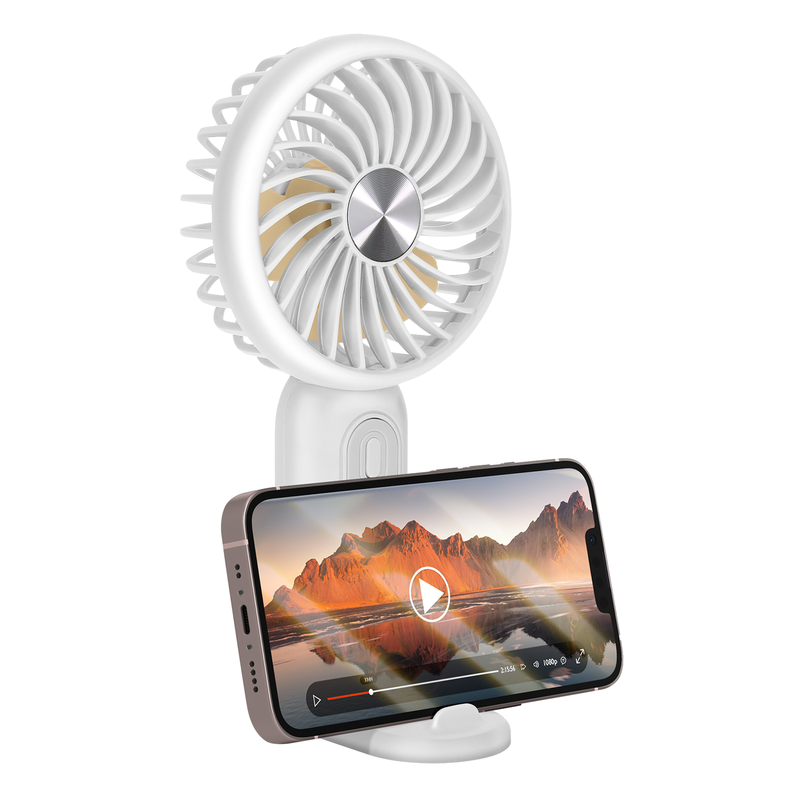 Ein weißer Ventilator mit Smartphone-Halterung, das ein Bergvideo abspielt.