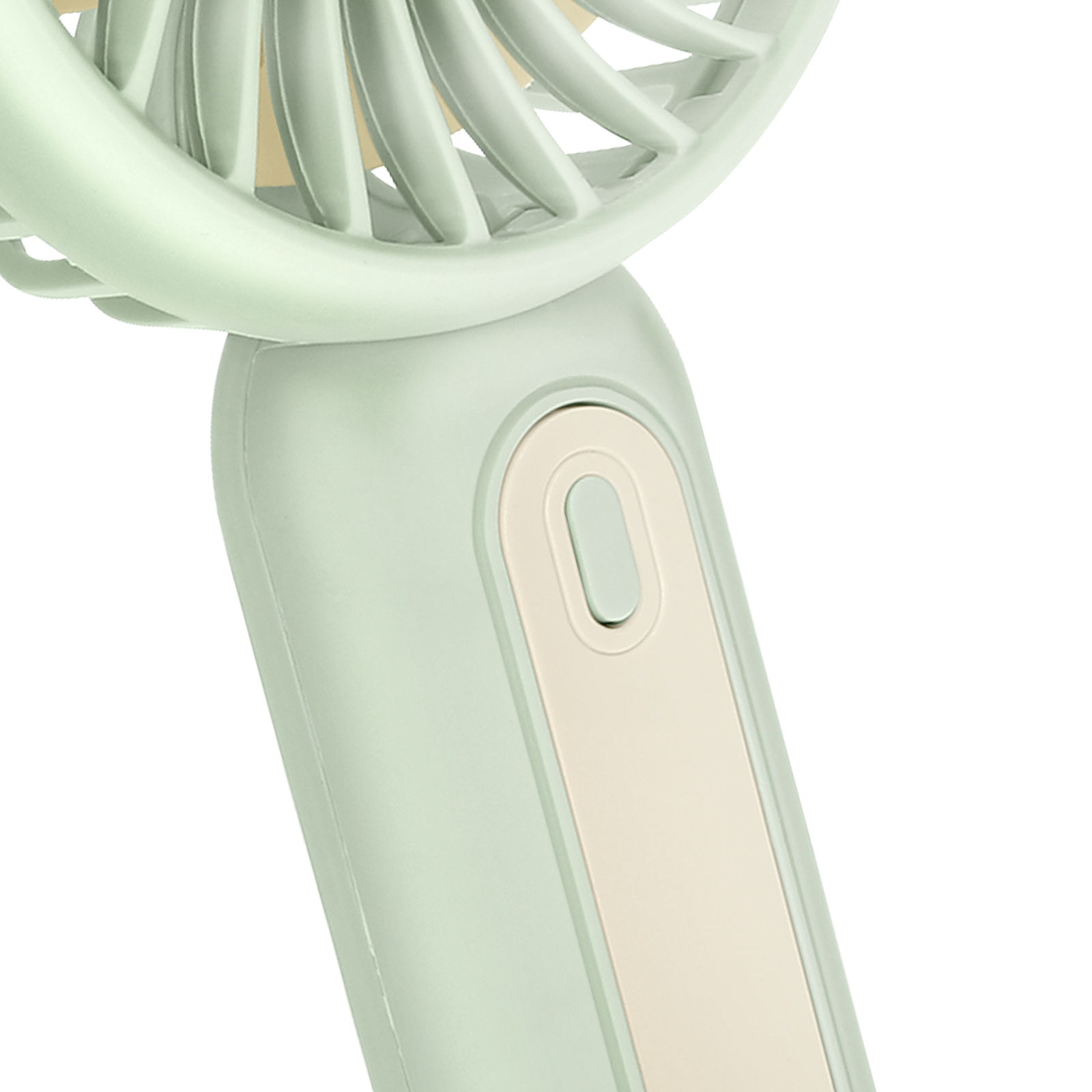 Un primo piano di un ventilatore portatile, con elementi verde chiaro e color crema.