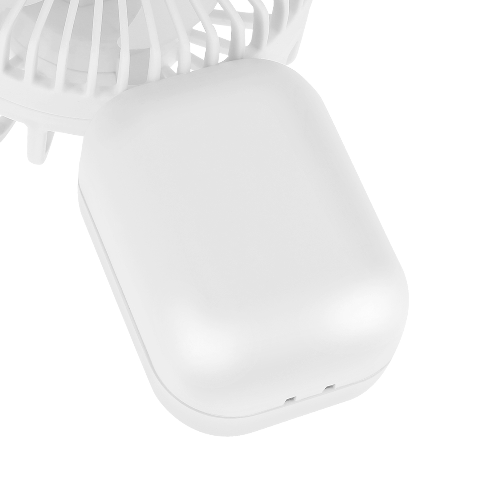 Ein weißer Mini-Ventilator mit einem rechteckigen Gehäuse.