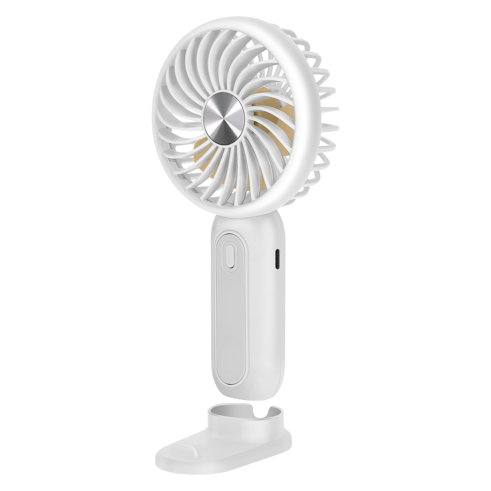 Ein weißer tragbarer Ventilator mit silbernem Knopf und einer Basis.