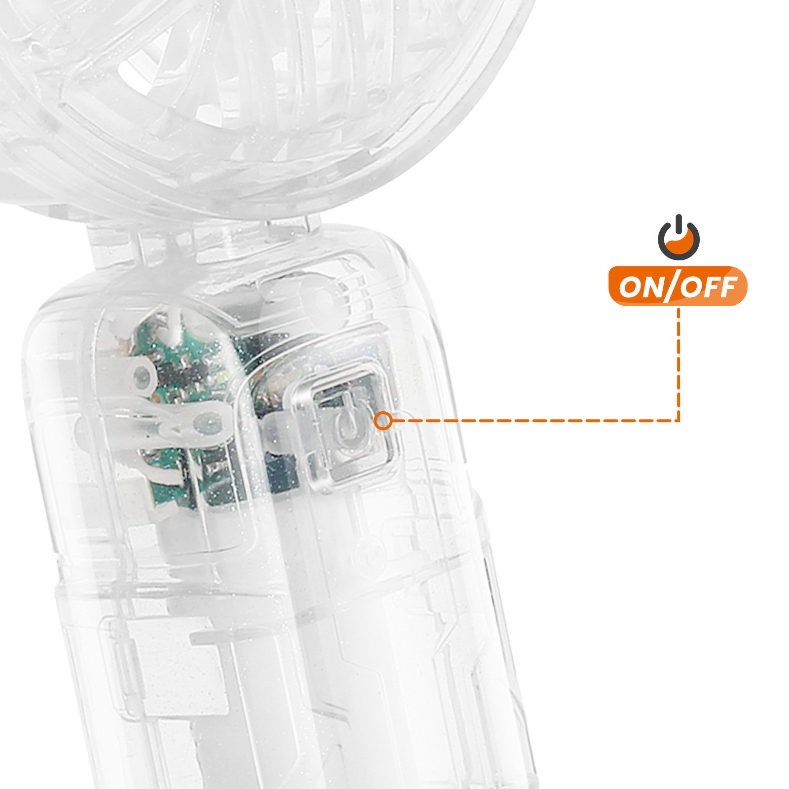 Transparenter Griff mit offenliegender Platine und EIN/AUS-Schalter-Symbol.