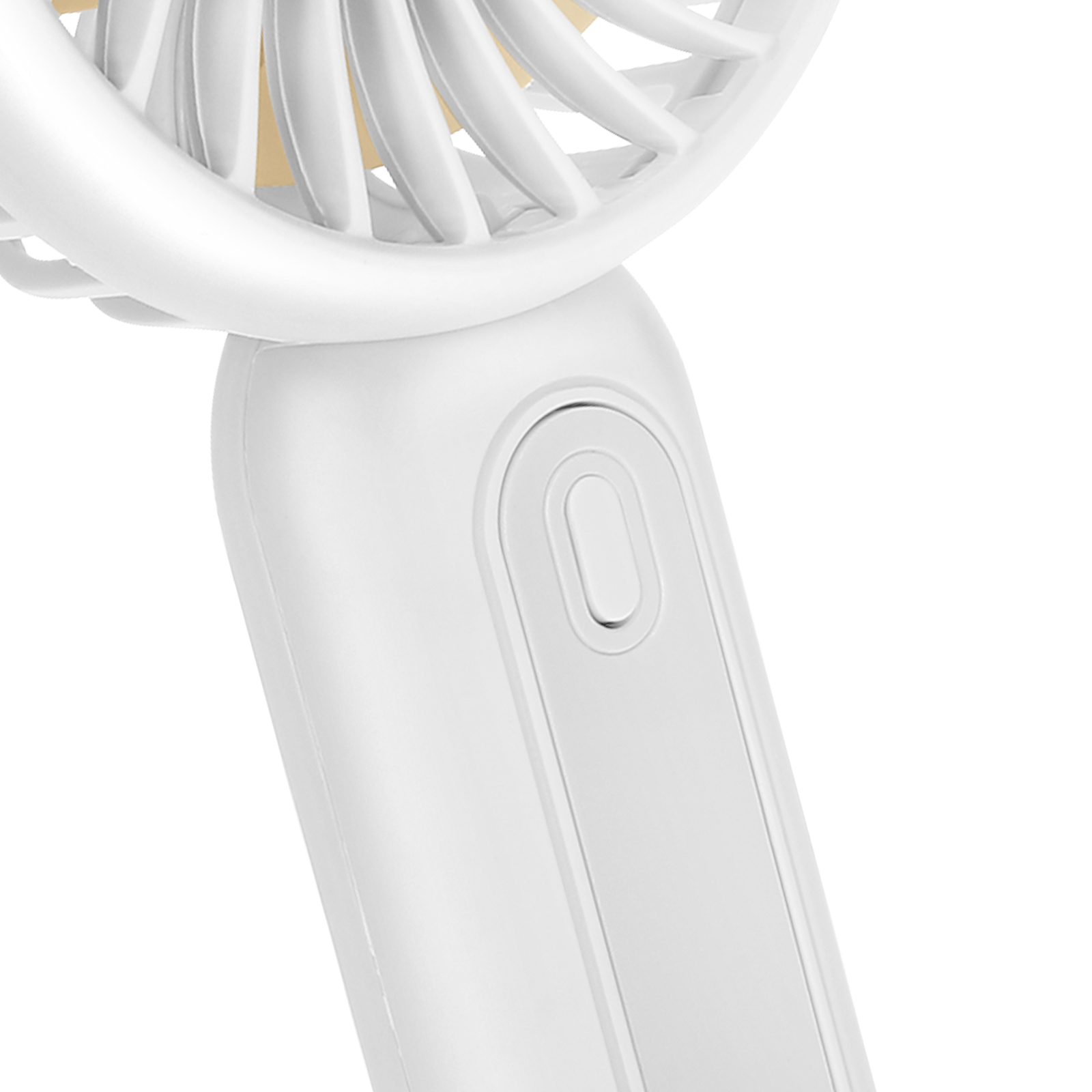 Ein weißer Handventilator mit sichtbaren Lüfterblättern und einem Knopf.