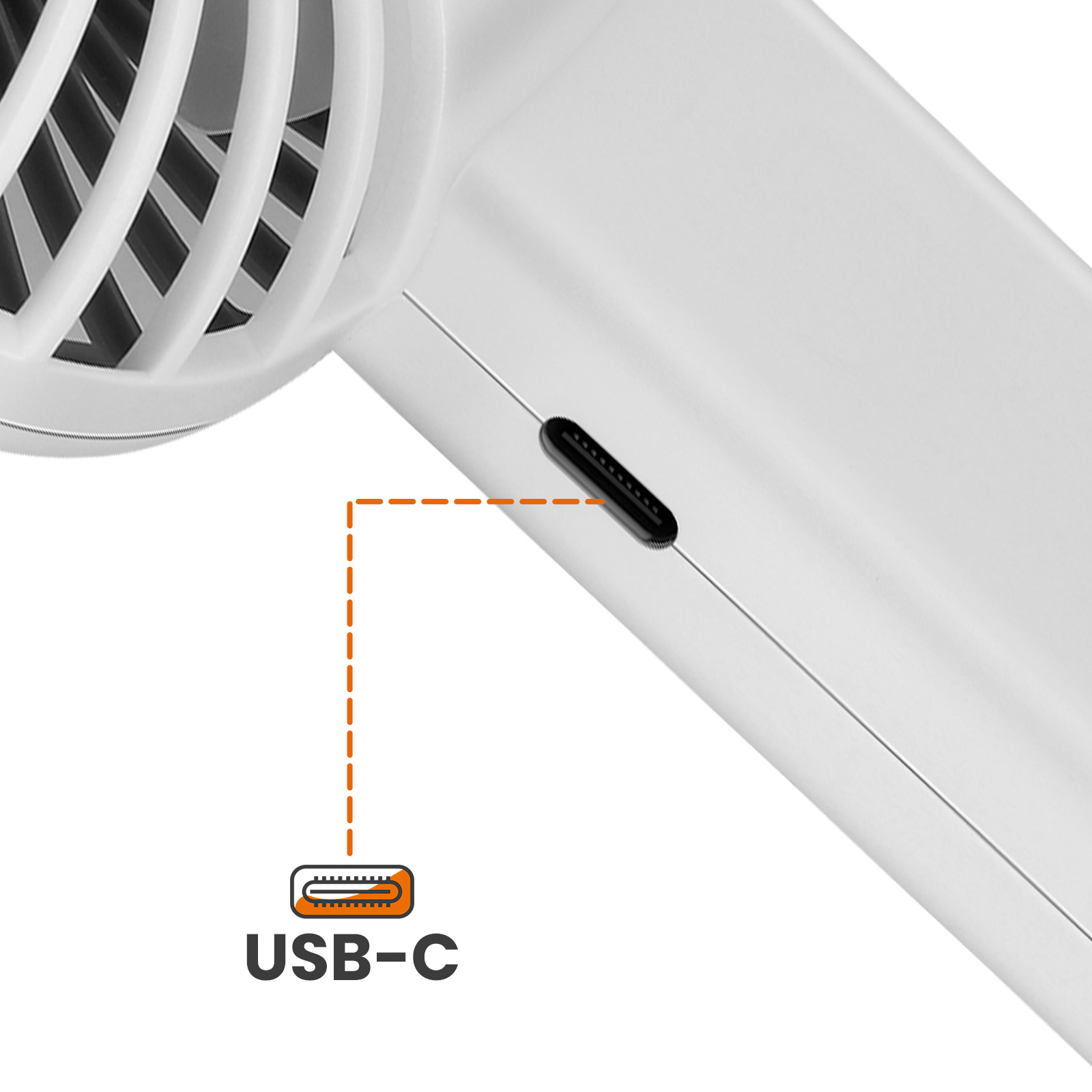 Ein weißer Haartrockner mit USB-C-Anschluss und Lüfter.