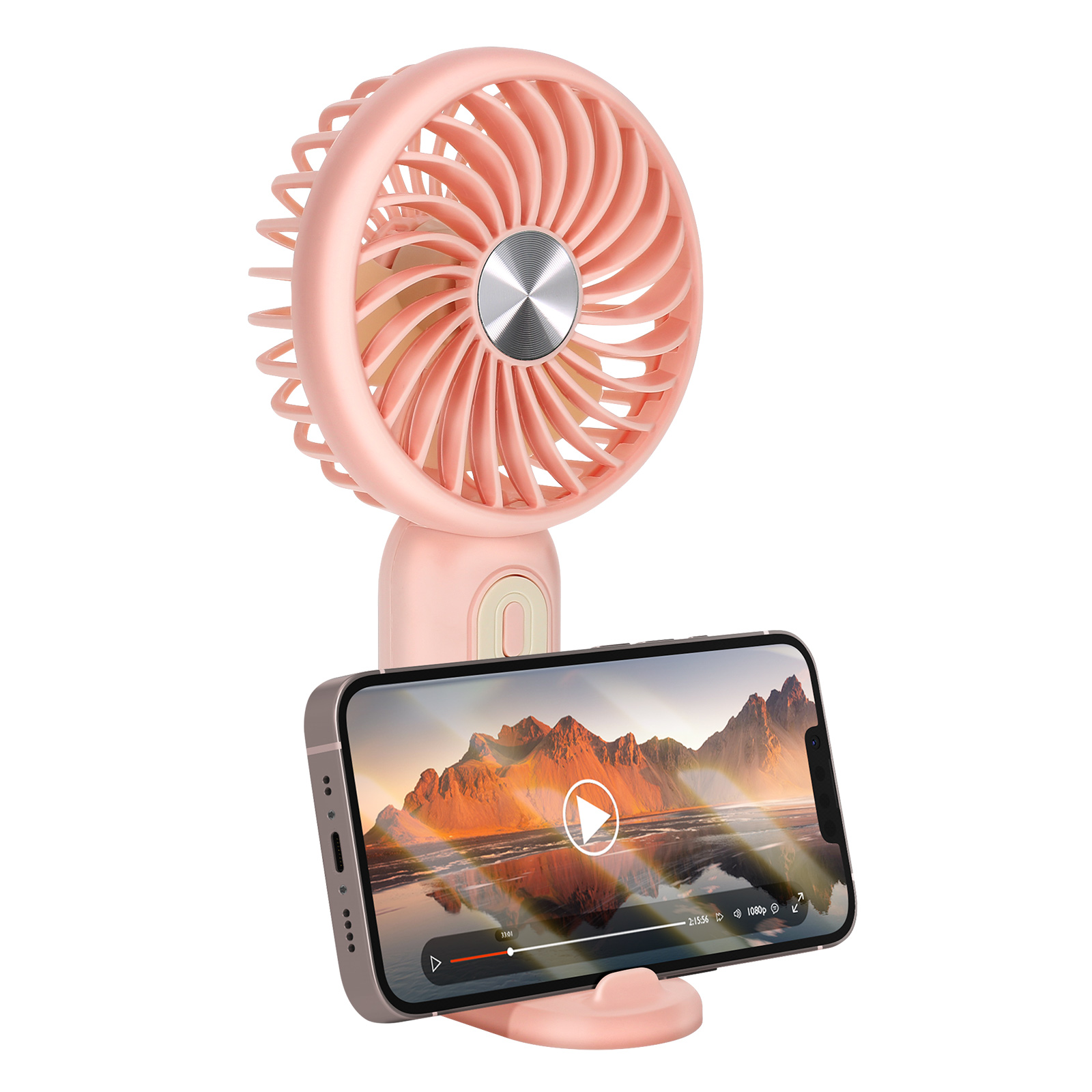 Ein rosafarbener Handventilator mit einem Handyhalter, der ein Video abspielt.