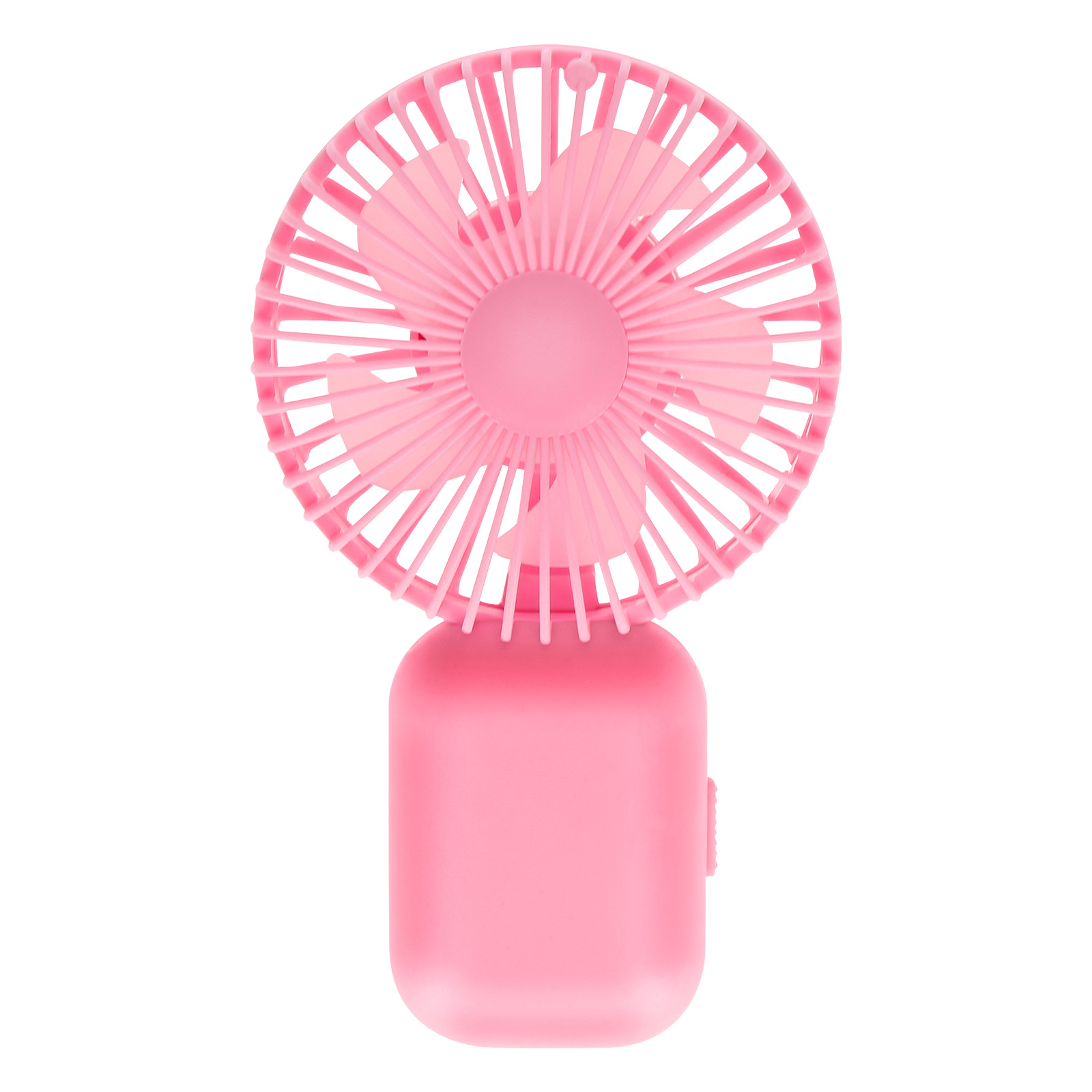 Ein kleiner, pinker Ventilator mit Rotorblättern und Griff.