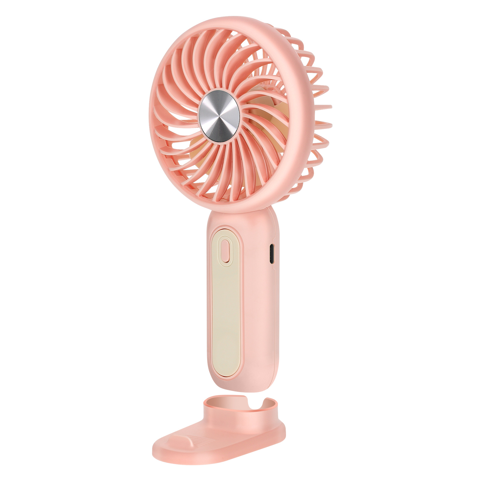 Ein rosafarbener Handventilator mit silbernem Knopf und einem Ständer.