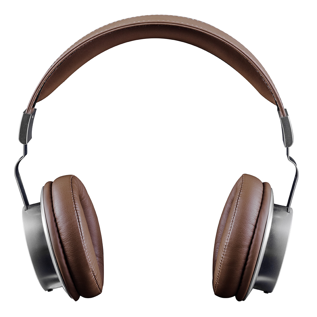 Brązowe skórzane słuchawki nauszne z srebrnymi akcentami, pokazane od przodu na białym tle.