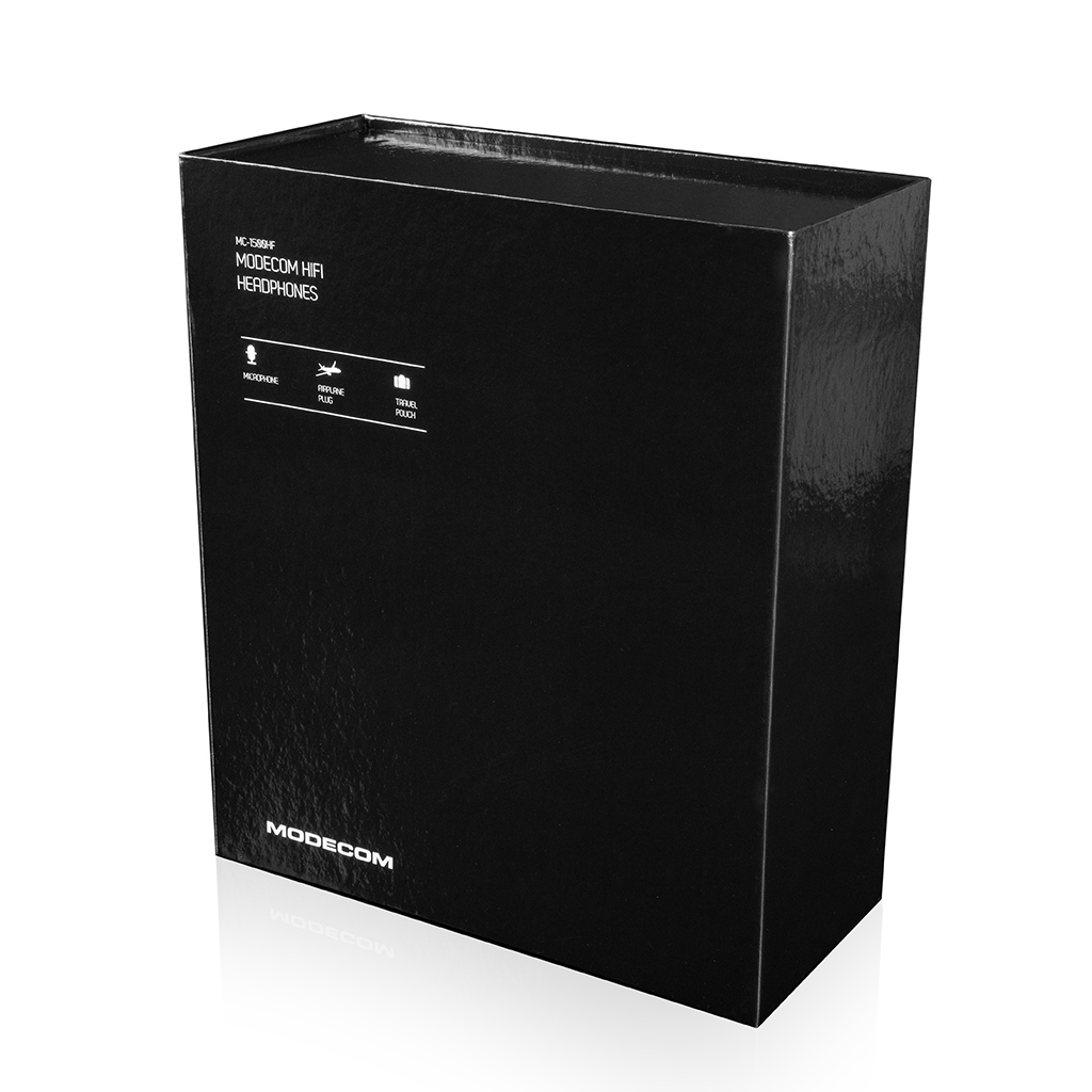 Czarne pudełko słuchawek Modecom HiFi, z ikonami mikrofonu, wtyczki samolotowej i etui podróżnego.