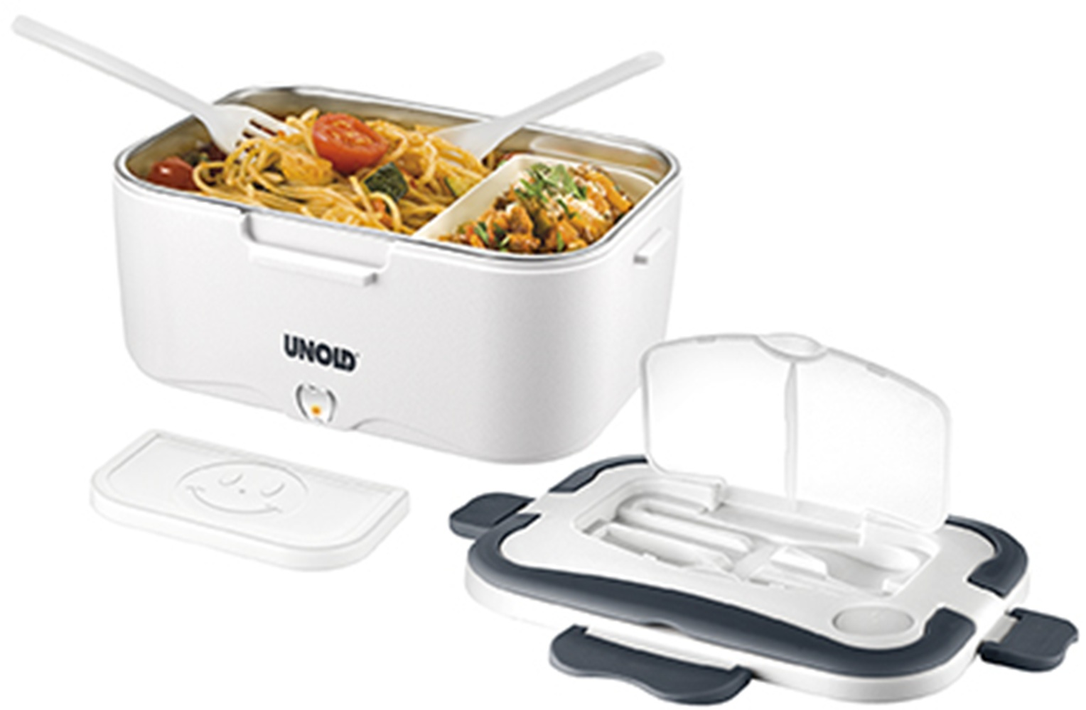 Eine weiße UNOLD Lunchbox mit Nudeln und einer Beilage und ihrem offenen Deckel mit Besteck.