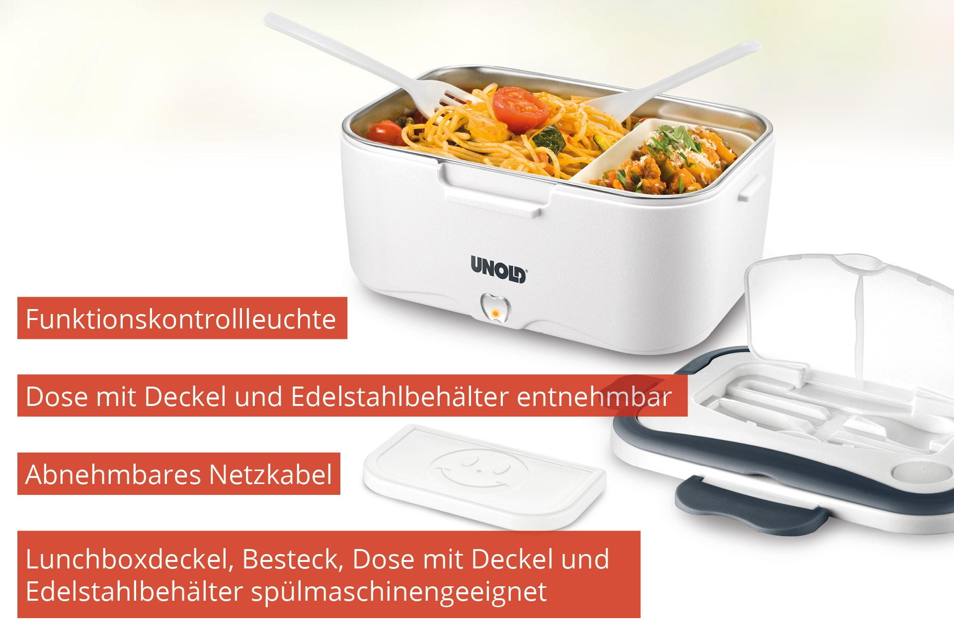 Eine weiße Unold-Lunchbox mit Essen und Besteck. Deckel ist offen, zeigt Fächer.