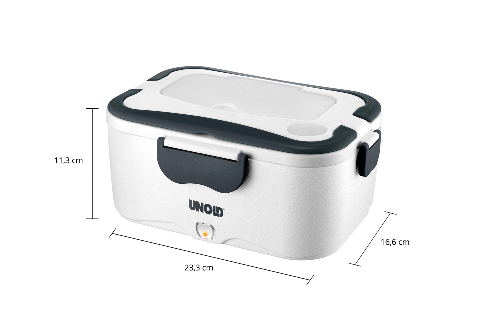 Ein weißer UNOLD-Lunchbox mit dunklem Deckel und Verschlüssen. Maße sind angegeben.