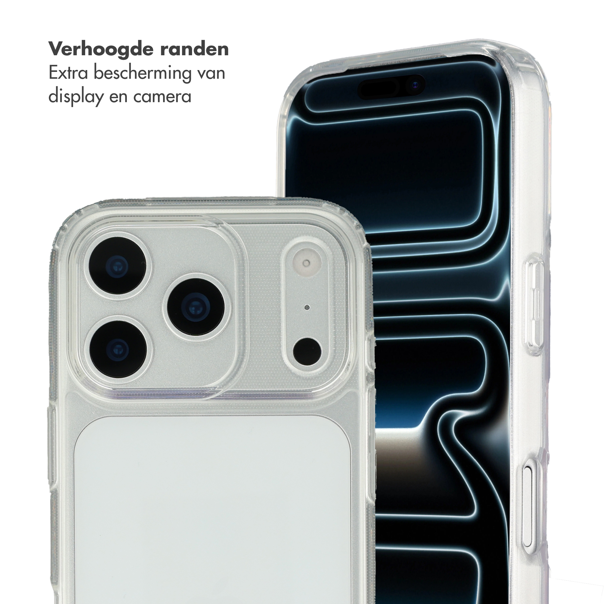 Custodia trasparente per telefono con bordi rialzati per protezione display e fotocamera.