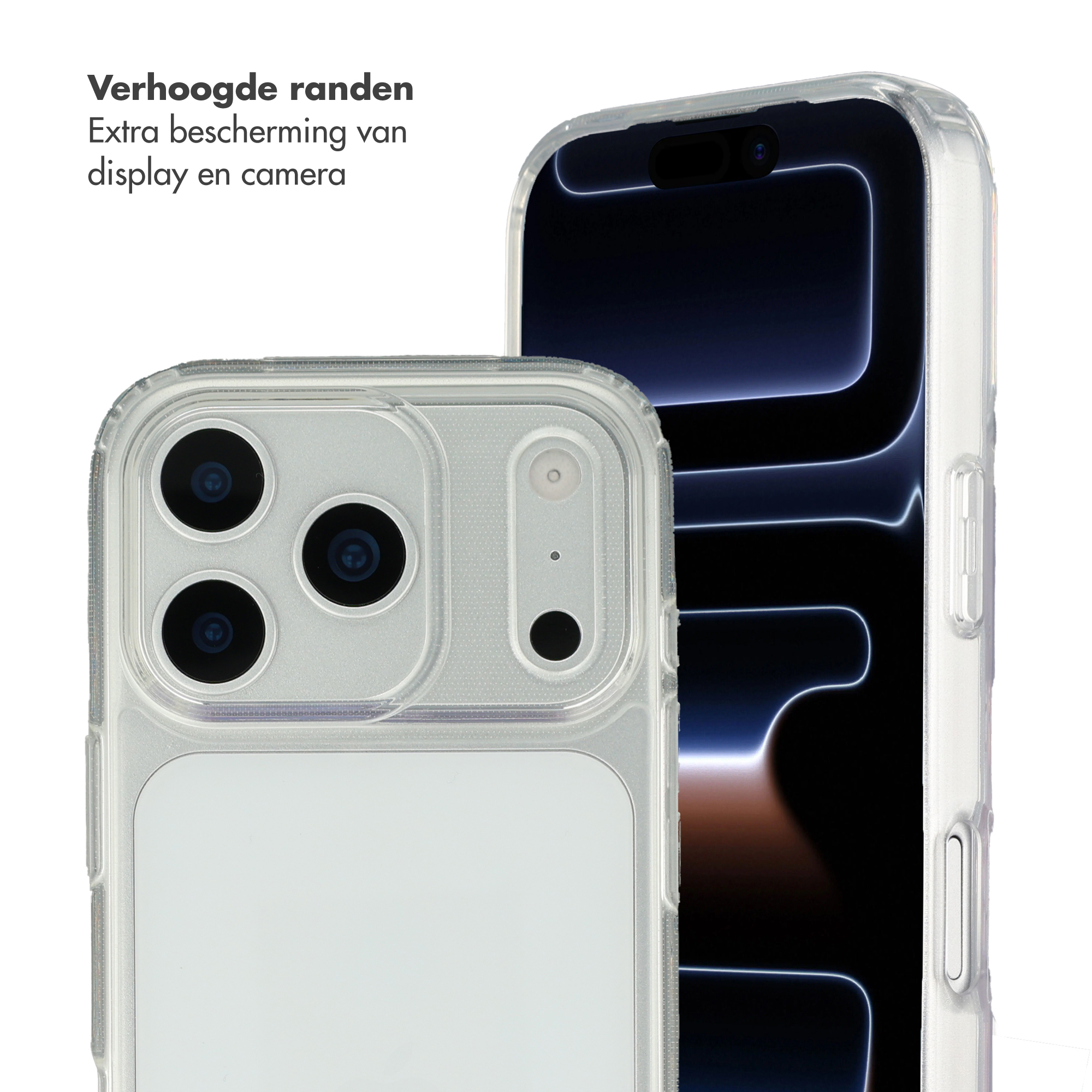 Custodia trasparente per telefono che mostra fotocamera e pulsanti laterali, con schermo del telefono sullo sfondo.