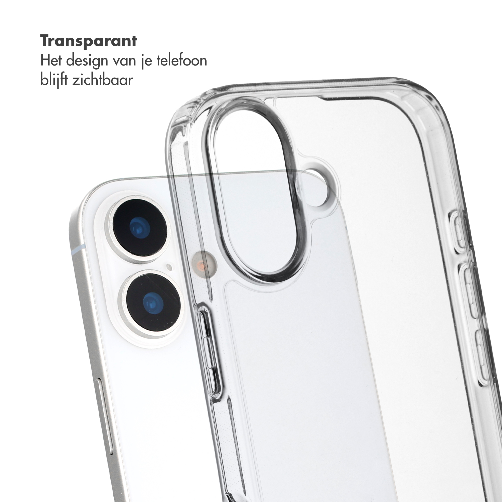 Una custodia trasparente per telefono è mostrata sopra un telefono d'argento con due fotocamere.