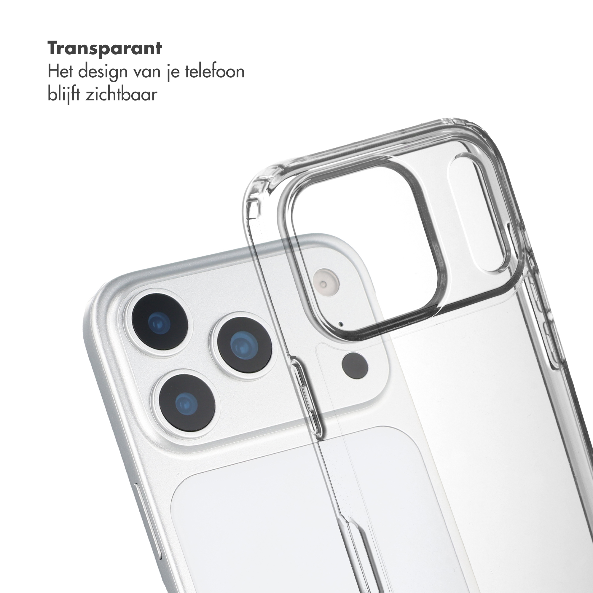 Una custodia trasparente per telefono è mostrata su un telefono d'argento con tre fotocamere.