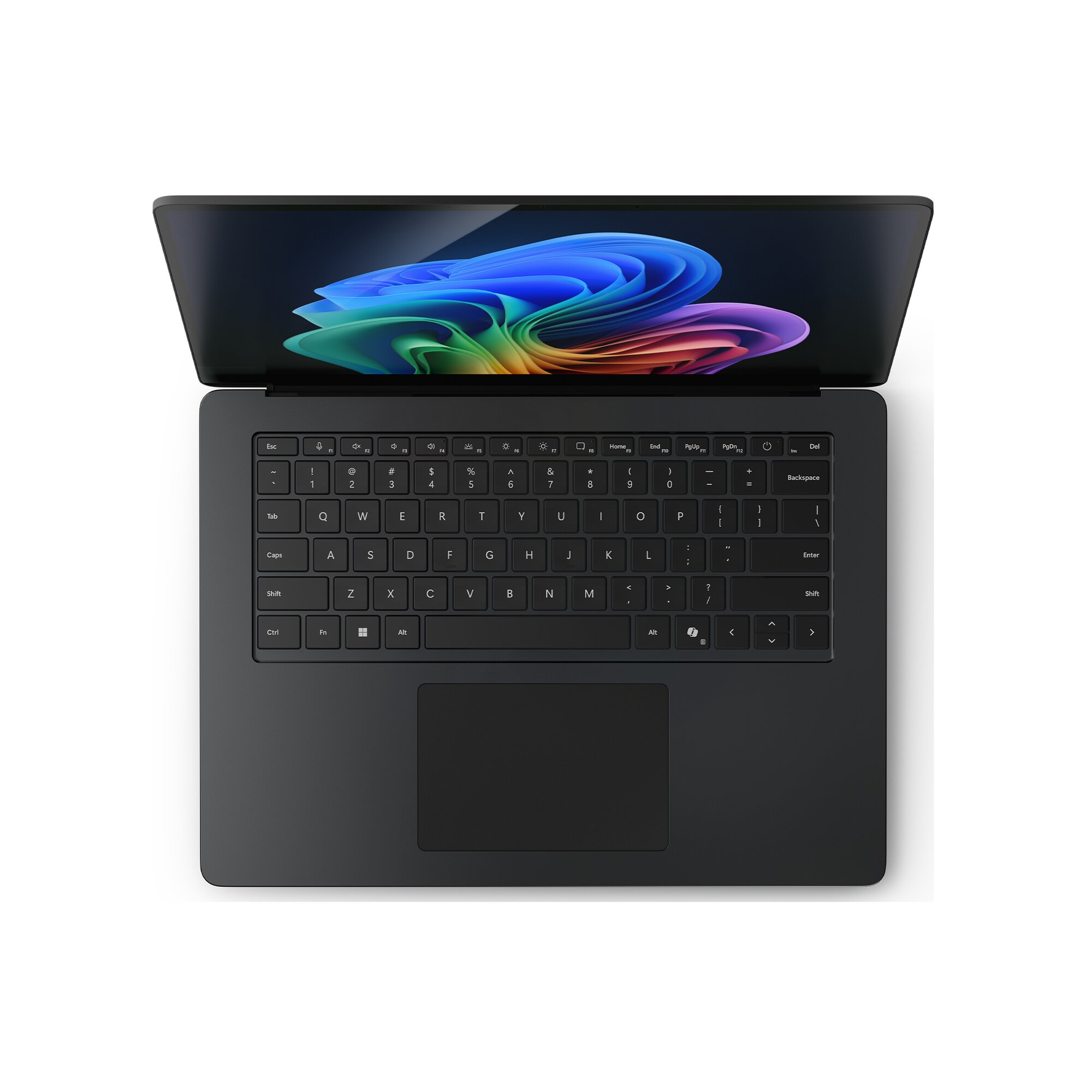 Un laptop grigio scuro è aperto, mostra uno sfondo astratto colorato sullo schermo.