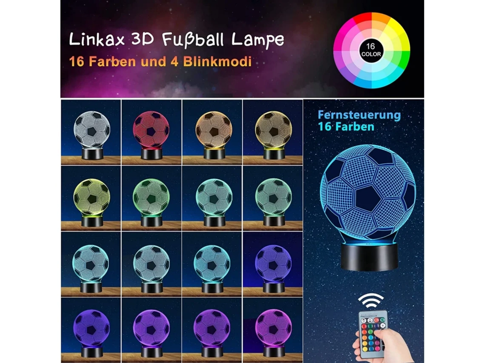 16 Fußball-Lampen in verschiedenen Farben und ein Controller werden gezeigt.