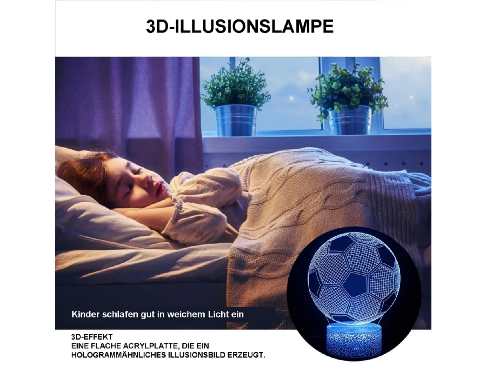 Ein Kind schläft im Bett, daneben eine 3D-Fußballlampe mit blauem Licht.