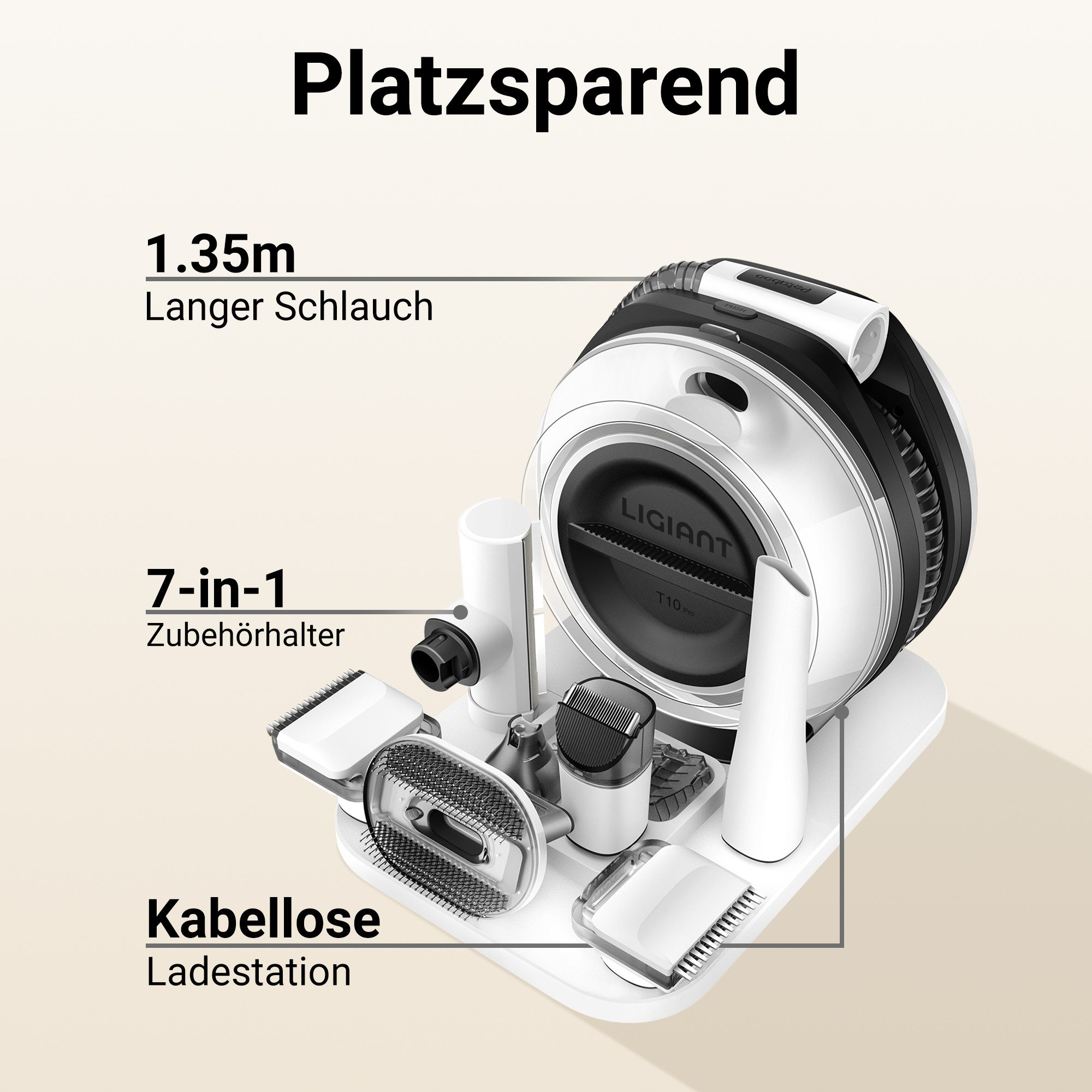 Ein weiß-schwarzes Pflegegerät mit mehreren Aufsätzen auf einer Ladestation.