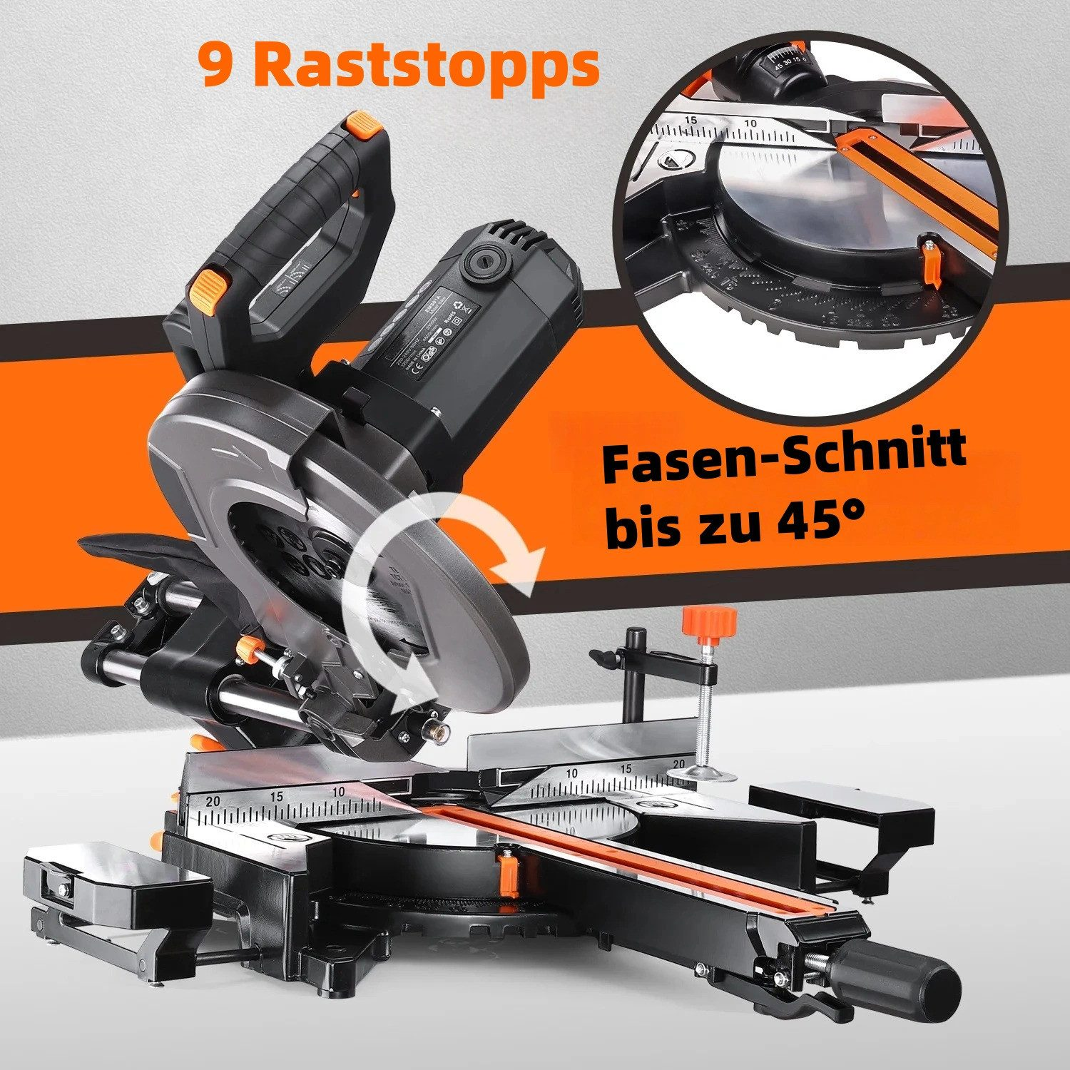Kappsäge mit orangen Akzenten, zeigt 9 Stopps und 45° Gehrungsschnittfähigkeit.