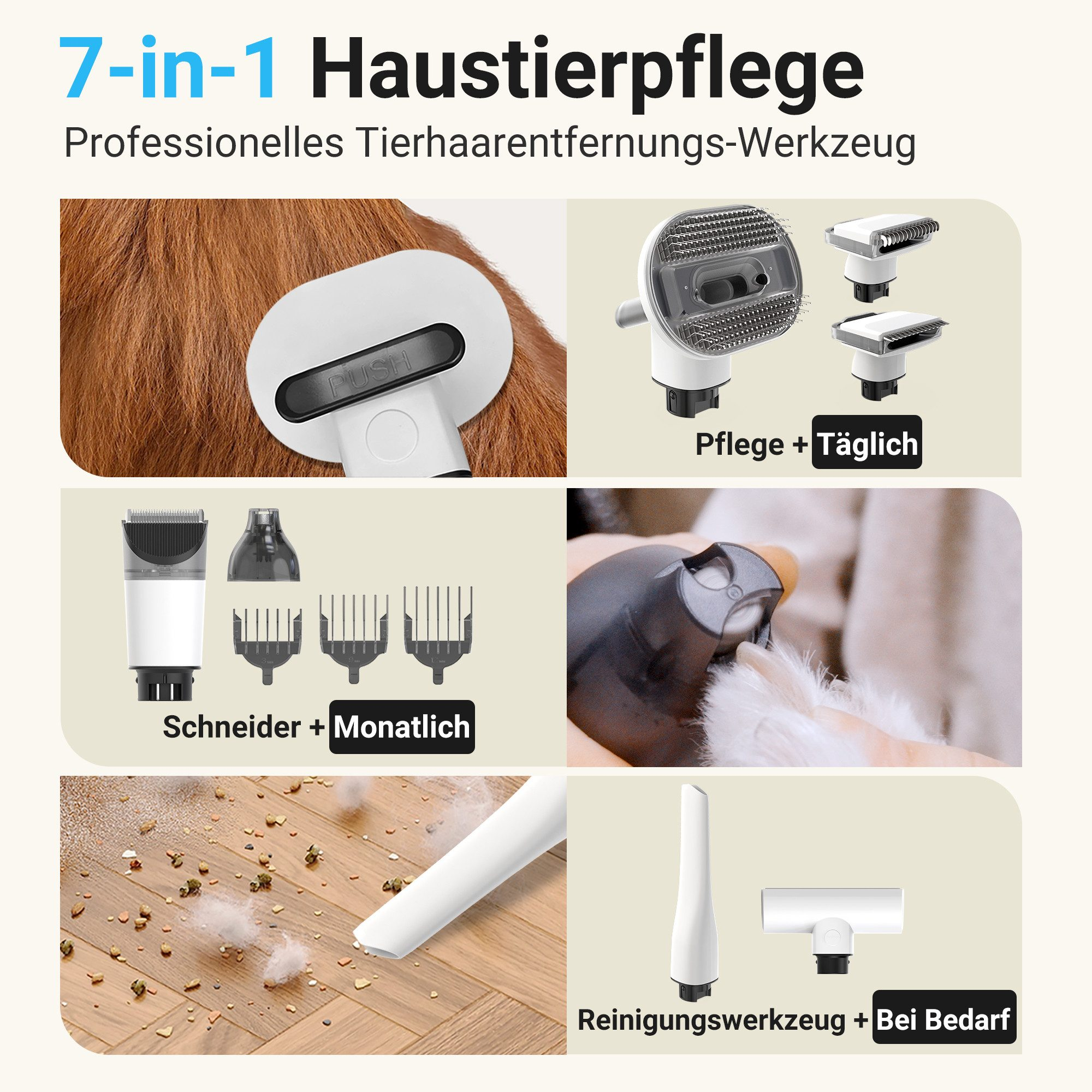 7-in-1 Haustierpflege-Werkzeug mit Aufsätzen zum Bürsten, Trimmen und Reinigen.