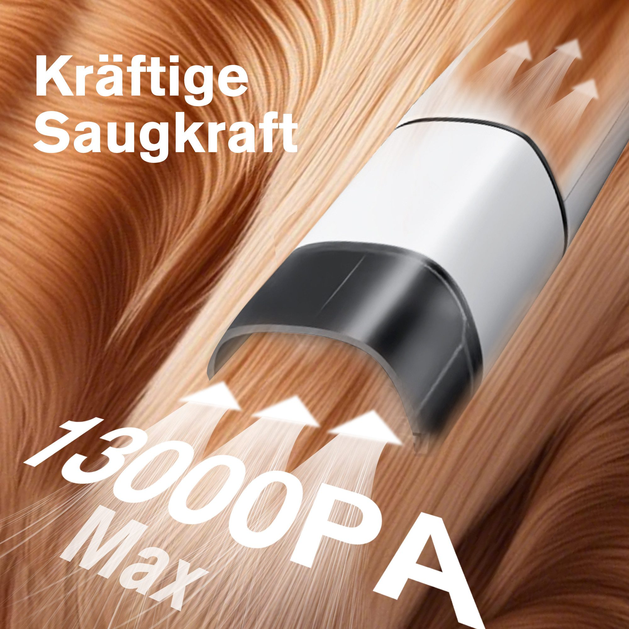 Leistungsstarke Saugleistung 13000PA Max auf braunem Haar.