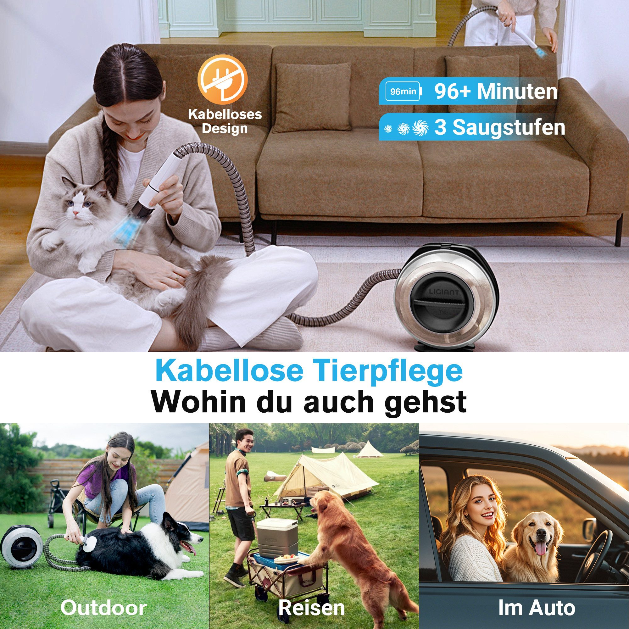 Eine Frau pflegt eine Katze mit einem kabellosen Gerät. Unten: Outdoor, Reisen, Auto.