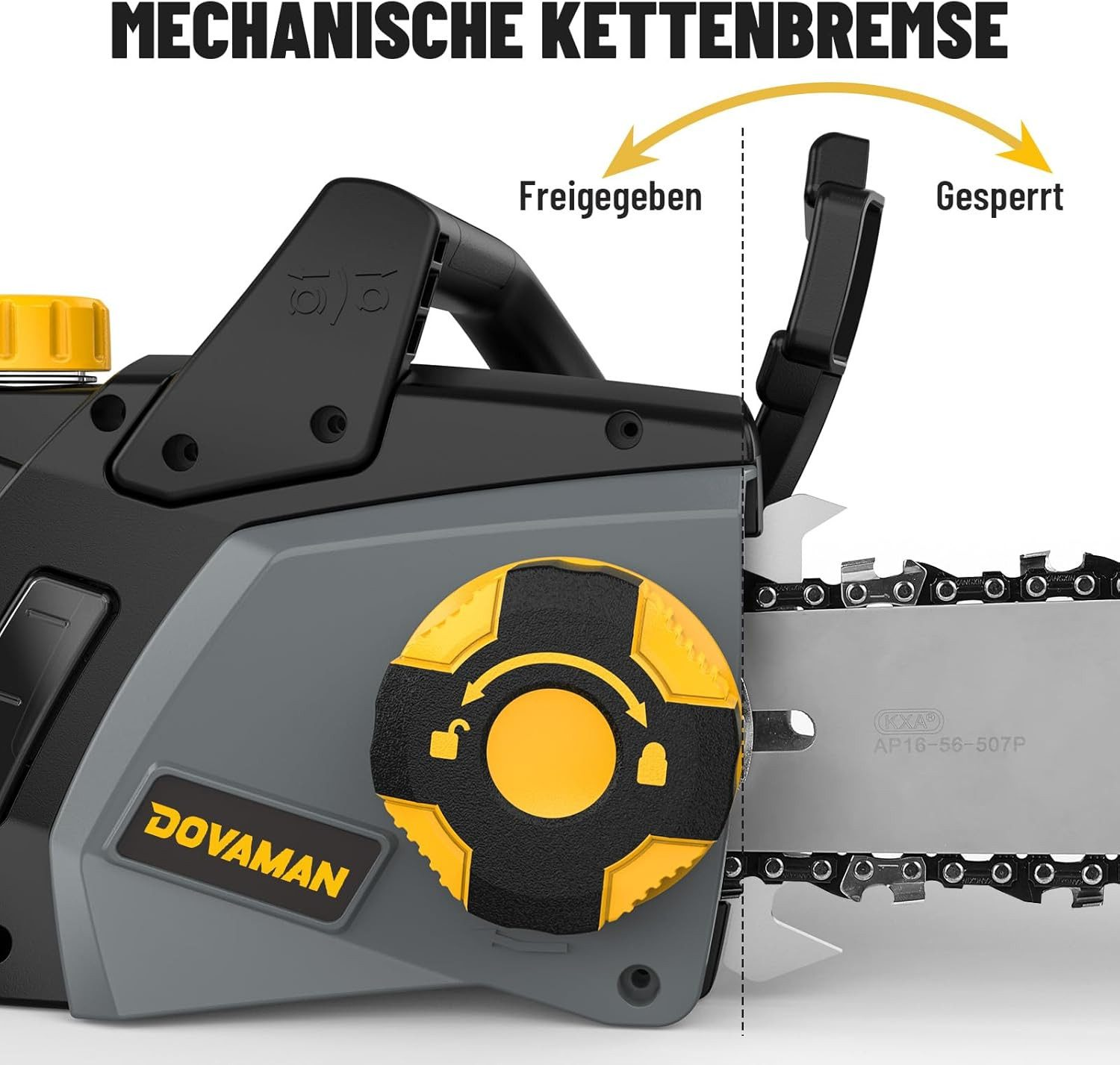 Nahaufnahme einer grauen und schwarzen Kettensäge mit gelber Kettenspannung und sichtbarer Kette.