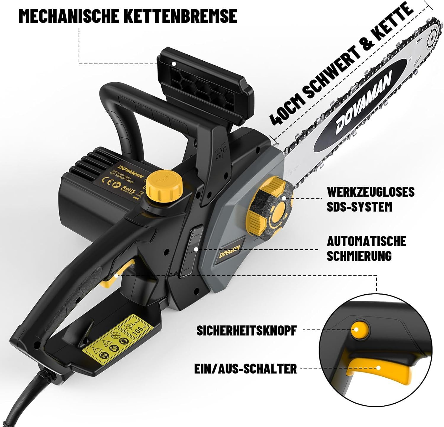 Schwarze elektrische Kettensäge mit 40-cm-Schiene, gelben Akzenten und Beschriftungen.