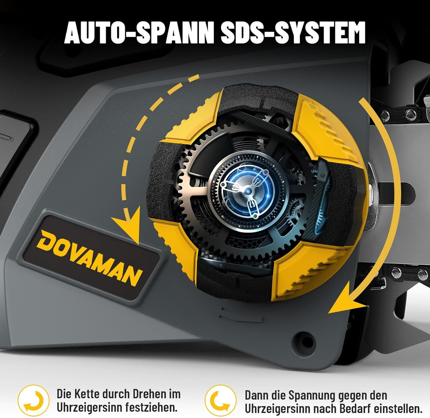 Kettensägen-Autospann-SDS-System mit Zahnrädern und Pfeilen zur Kettenspannung.