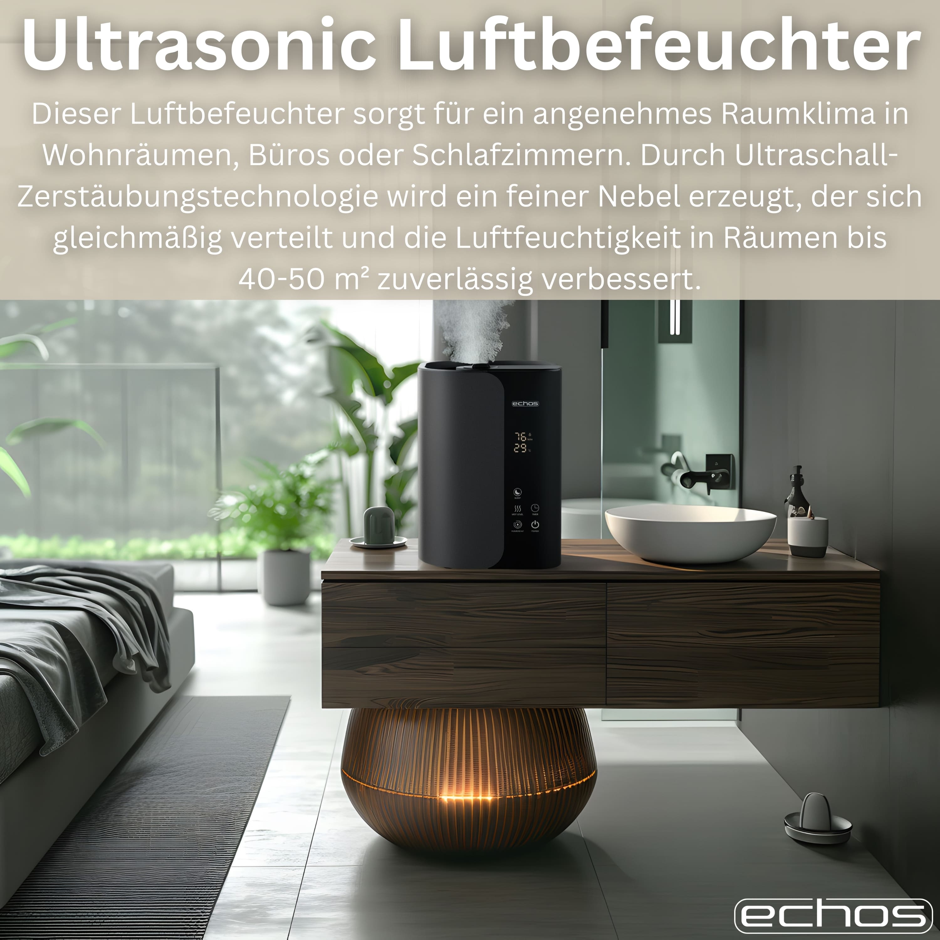 Ein schwarzer Ultraschall-Luftbefeuchter gibt Nebel in einem modernen Raum mit Bett und Waschbecken ab.