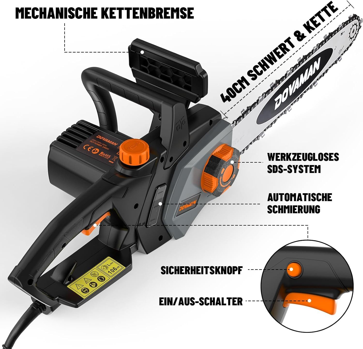 Eine elektrische Kettensäge mit 40cm Schwert und Kette, orangefarbenen Akzenten.