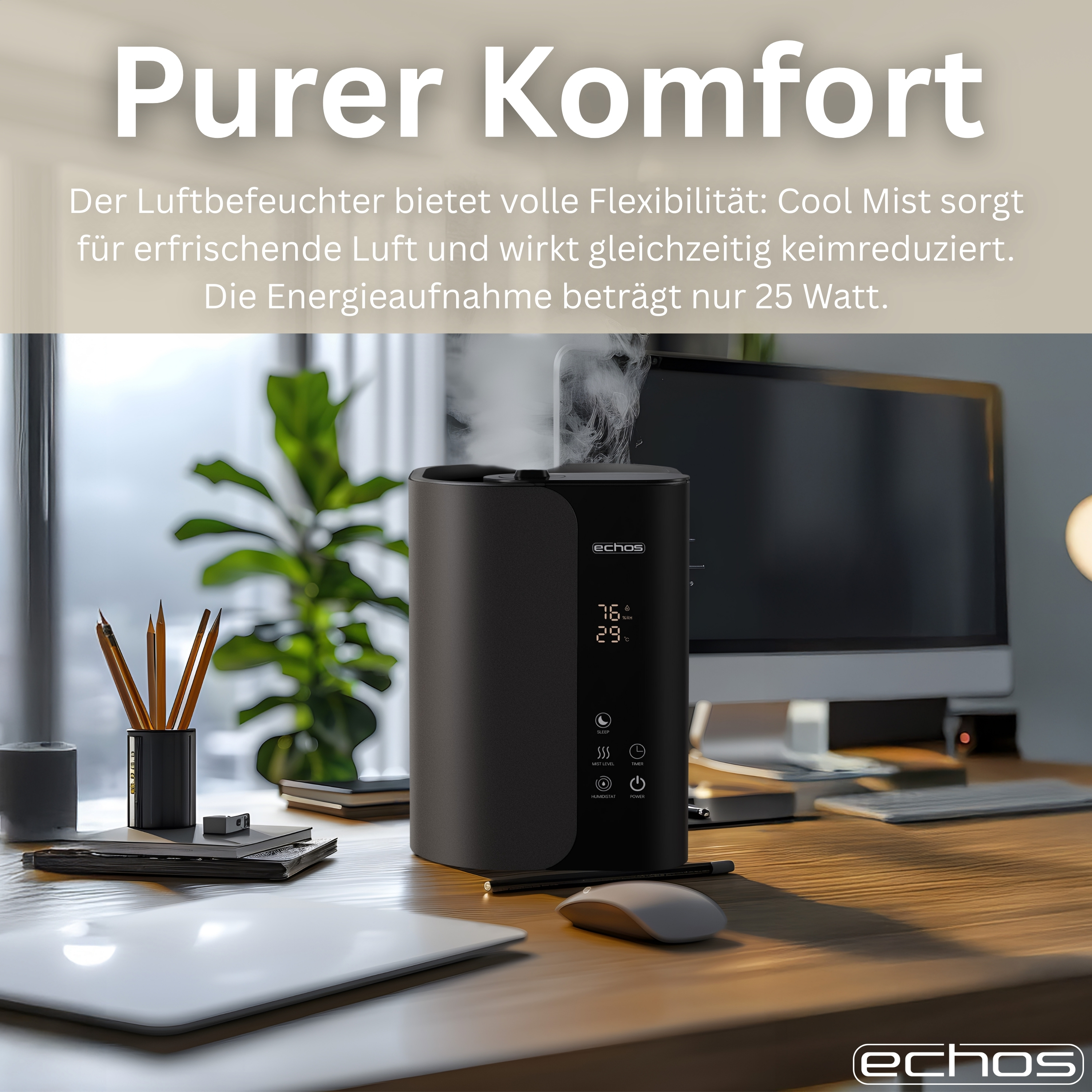 Ein schwarzer Luftbefeuchter steht auf einem Holztisch neben einem Computer.