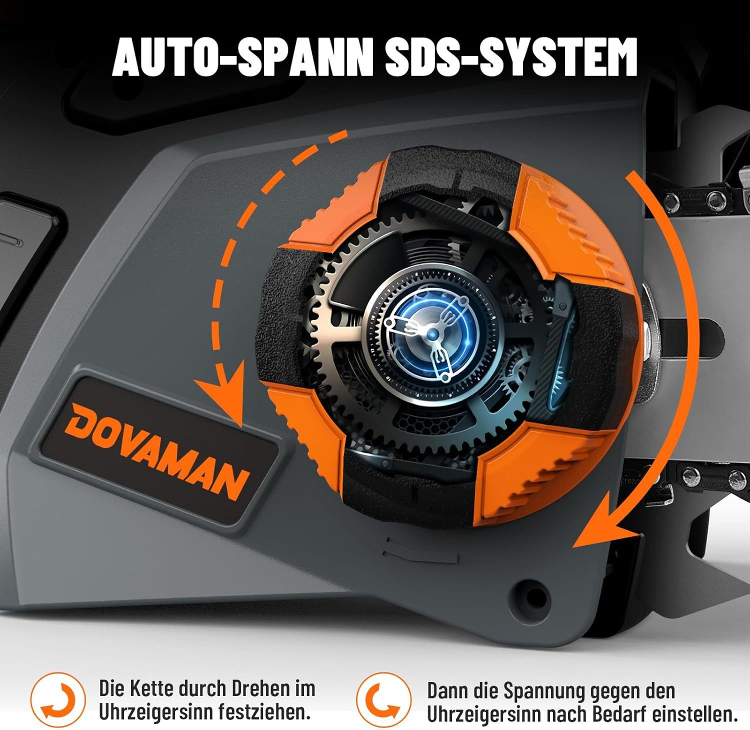 Detailansicht des Kettenspannsystems einer Kettensäge mit Zahnrädern.