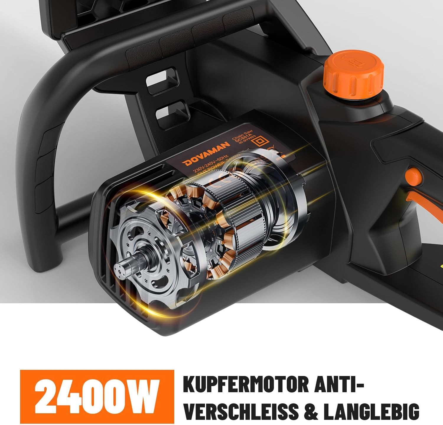 Nahaufnahme eines 2400-W-Elektrokettenmotors mit Kupferwicklungen und Text.