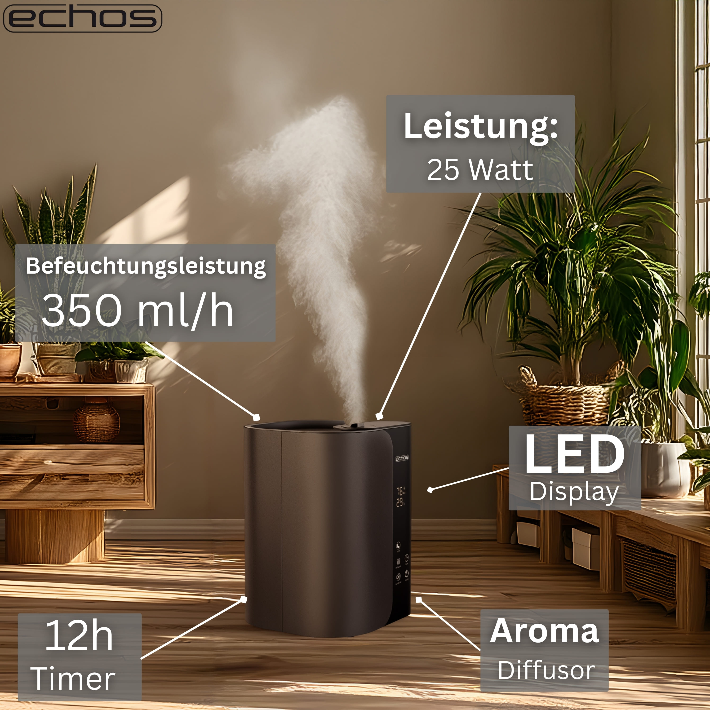 Ein dunkler Luftbefeuchter gibt Dampf ab, mit Hinweisen zu Leistung und Funktionen.