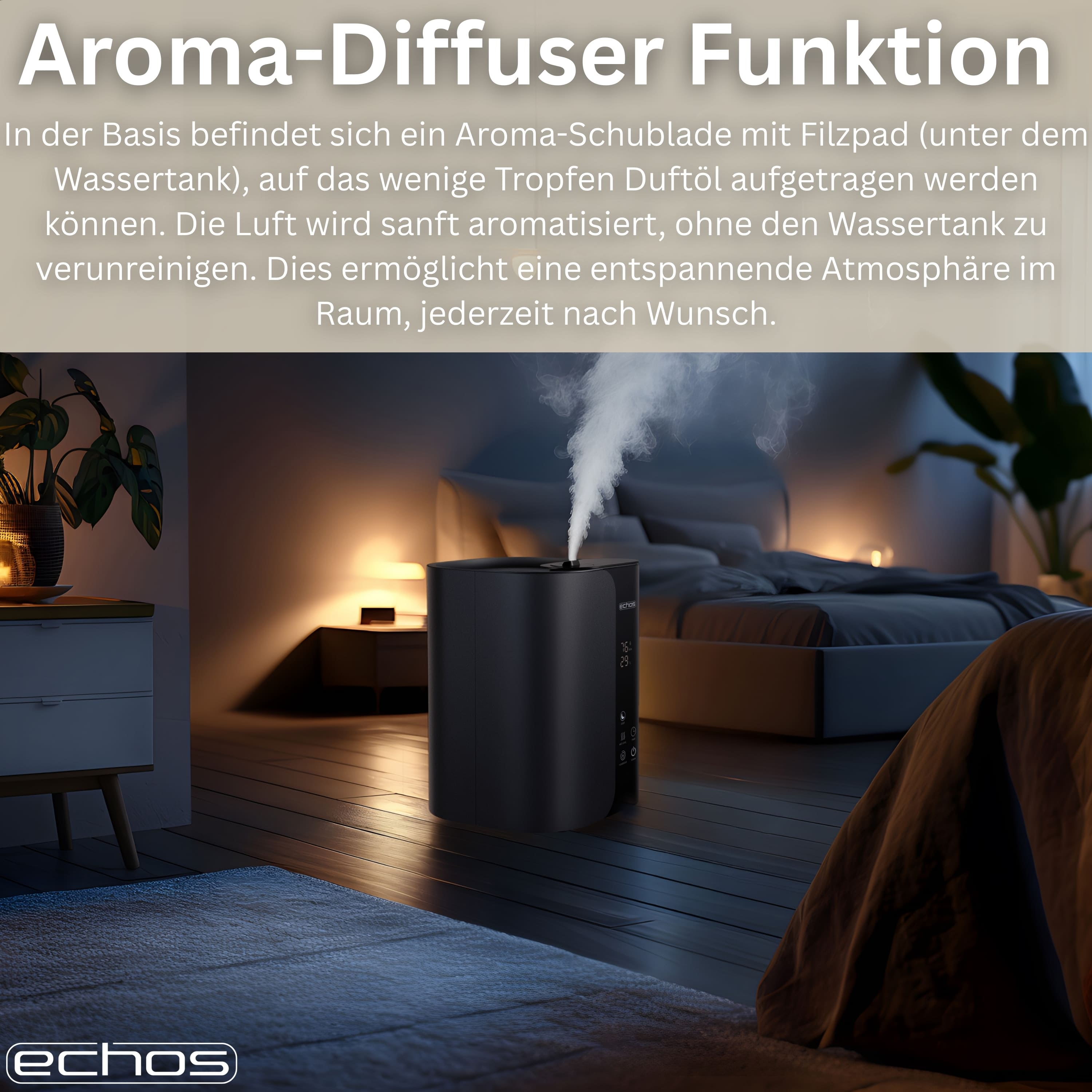 Ein schwarzer Aroma-Diffusor gibt Dampf in einem schwach beleuchteten Schlafzimmer mit Pflanze ab.