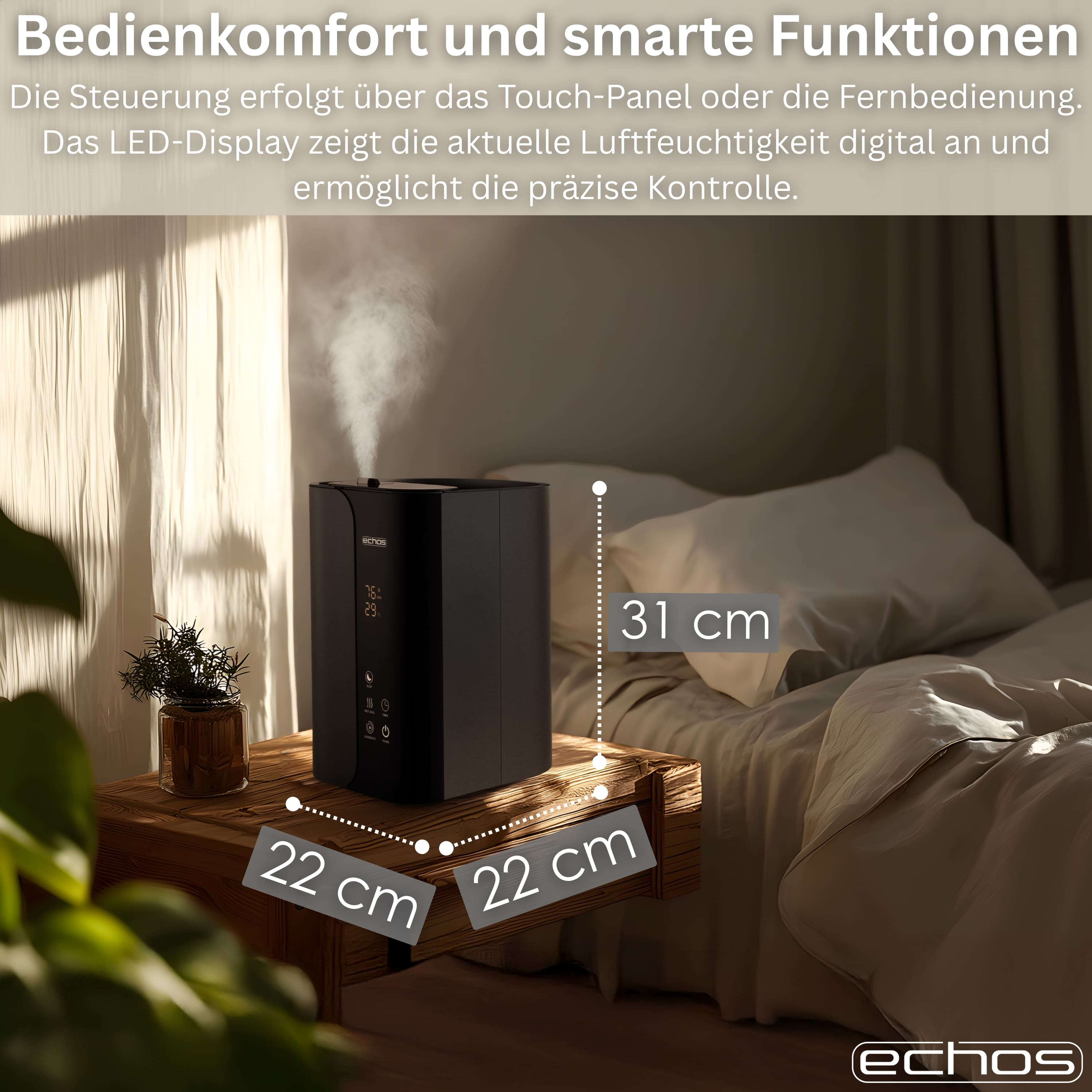 Ein schwarzer Luftbefeuchter mit LED-Display steht auf einem Nachttisch.