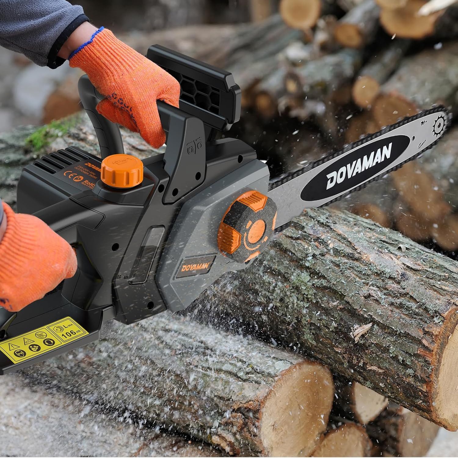 Person in orange gloves uses a chainsaw to cut a log, sawdust flying.